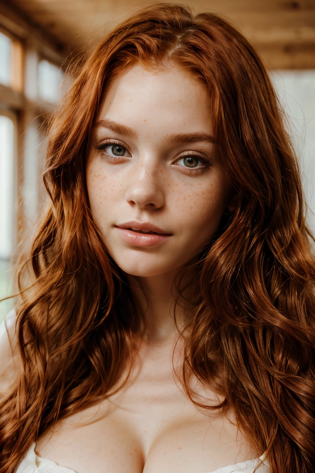 portrait of a beautiful redhead girl with wavy long red hair, freckles, brown eyes, high skin detail, UHD, 4k, realistic