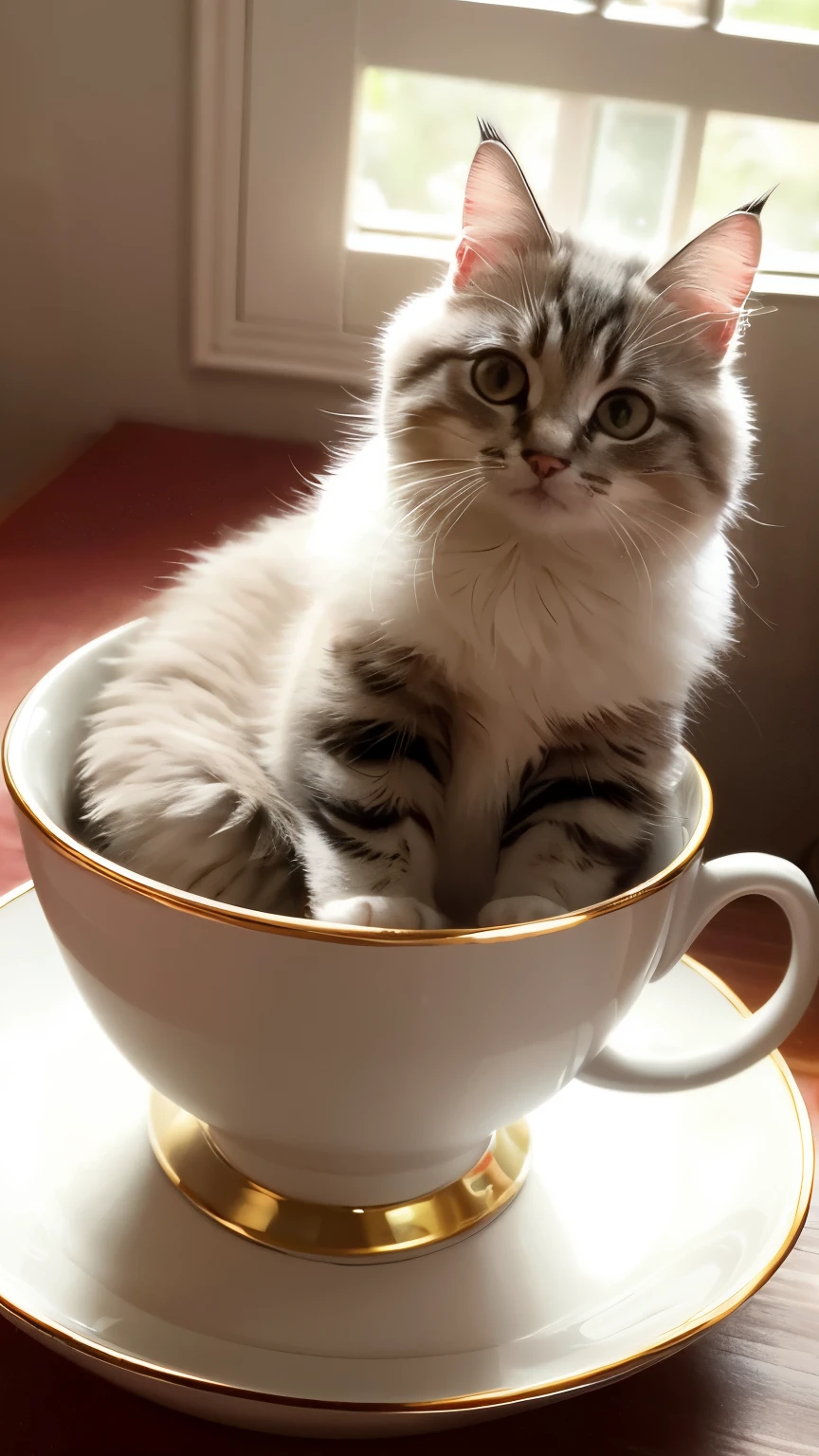 Cat, (himalayan), (small)))), In teacups, face, put out one's paws, 8K, professional photos, delicate, clear, on the table, inside the house, sunlight, Light leakage, masterpiece, ((cute))), fashionable tea cups, (reality), stuffed toy, round pupil
