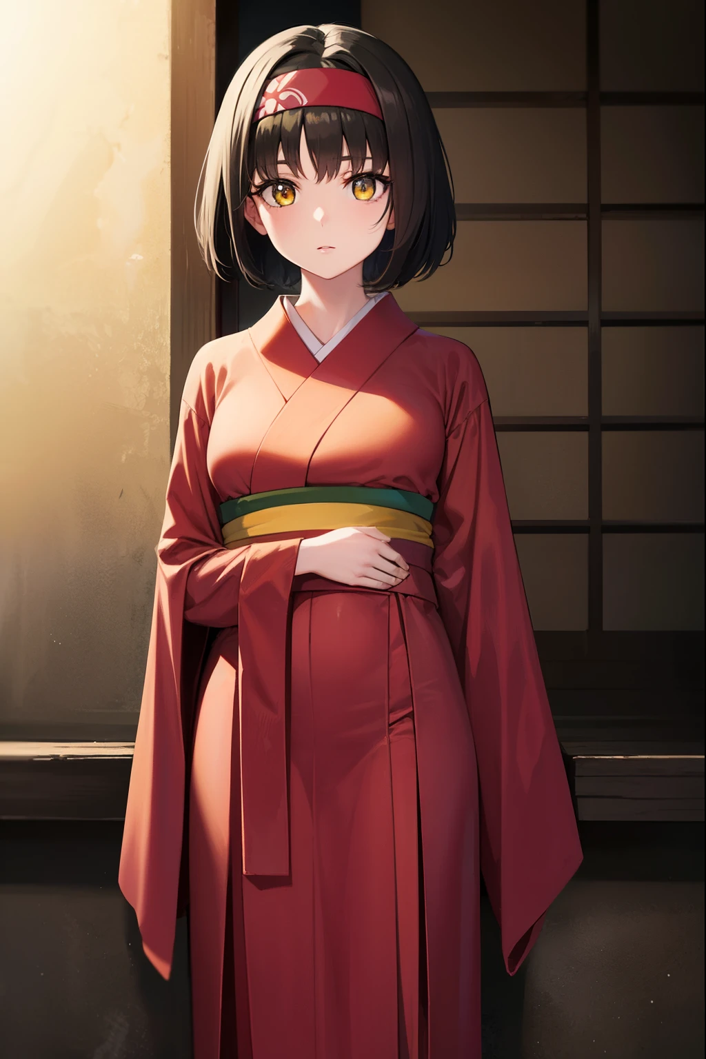 pokemonerika, pokemonerika, (yellow eyes:1.5), black hair, headband, short hair,
BREAK japanese clothes, kimono, hakama, red hakama, long sleeves, wide sleeves,
BREAK looking at viewer, upper body, full body, (cowboy shot:1.5),
BREAK outdoors, shrine,
BREAK (masterpiece:1.2), best quality, high resolution, unity 8k wallpaper, (illustration:0.8), (beautiful detailed eyes:1.6), extremely detailed face, perfect lighting, extremely detailed CG, (perfect hands, perfect anatomy),