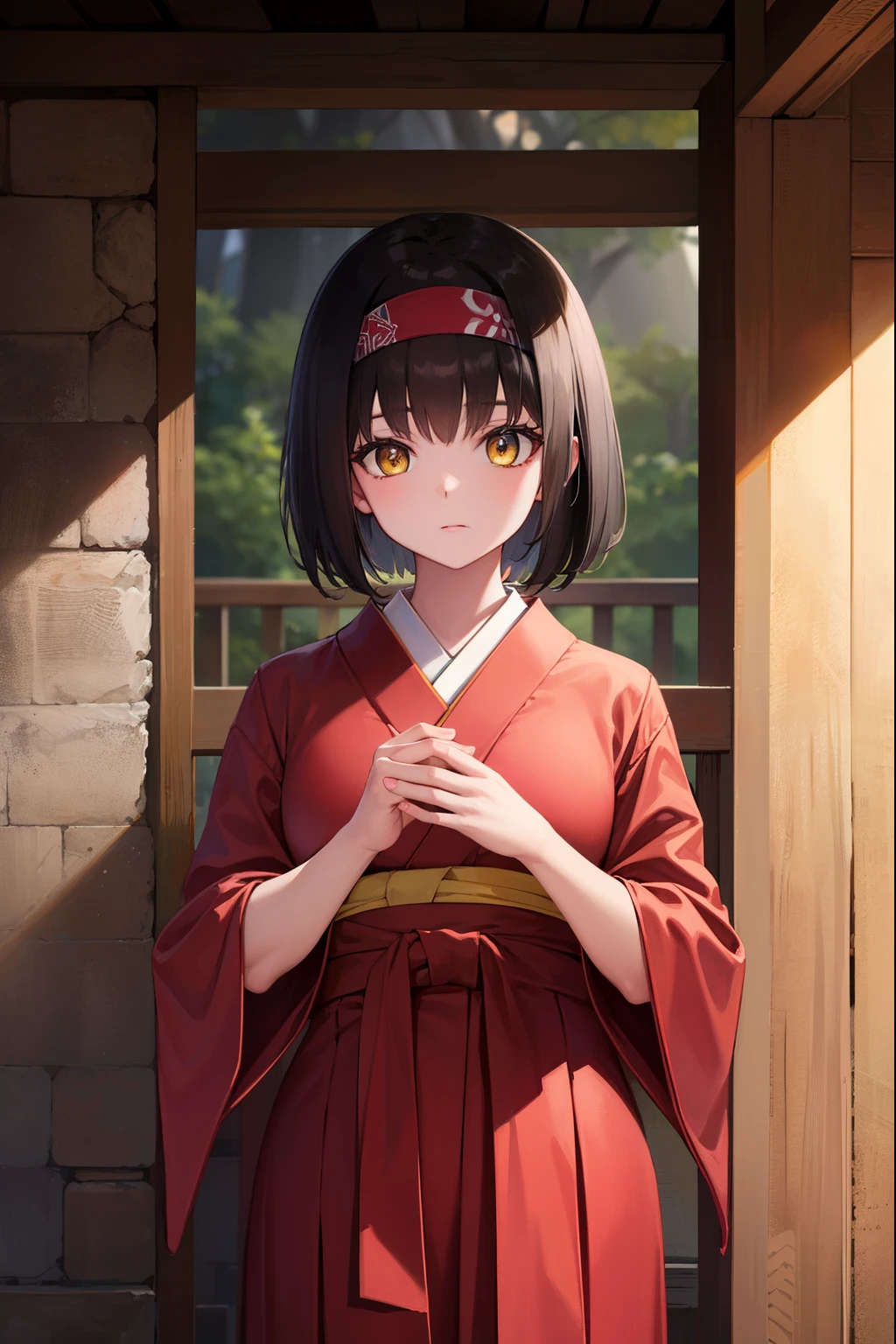 pokemonerika, pokemonerika, (yellow eyes:1.5), black hair, headband, short hair,
BREAK japanese clothes, kimono, hakama, red hakama, long sleeves, wide sleeves,
BREAK looking at viewer, upper body, full body, (cowboy shot:1.5),
BREAK outdoors, shrine,
BREAK (masterpiece:1.2), best quality, high resolution, unity 8k wallpaper, (illustration:0.8), (beautiful detailed eyes:1.6), extremely detailed face, perfect lighting, extremely detailed CG, (perfect hands, perfect anatomy),