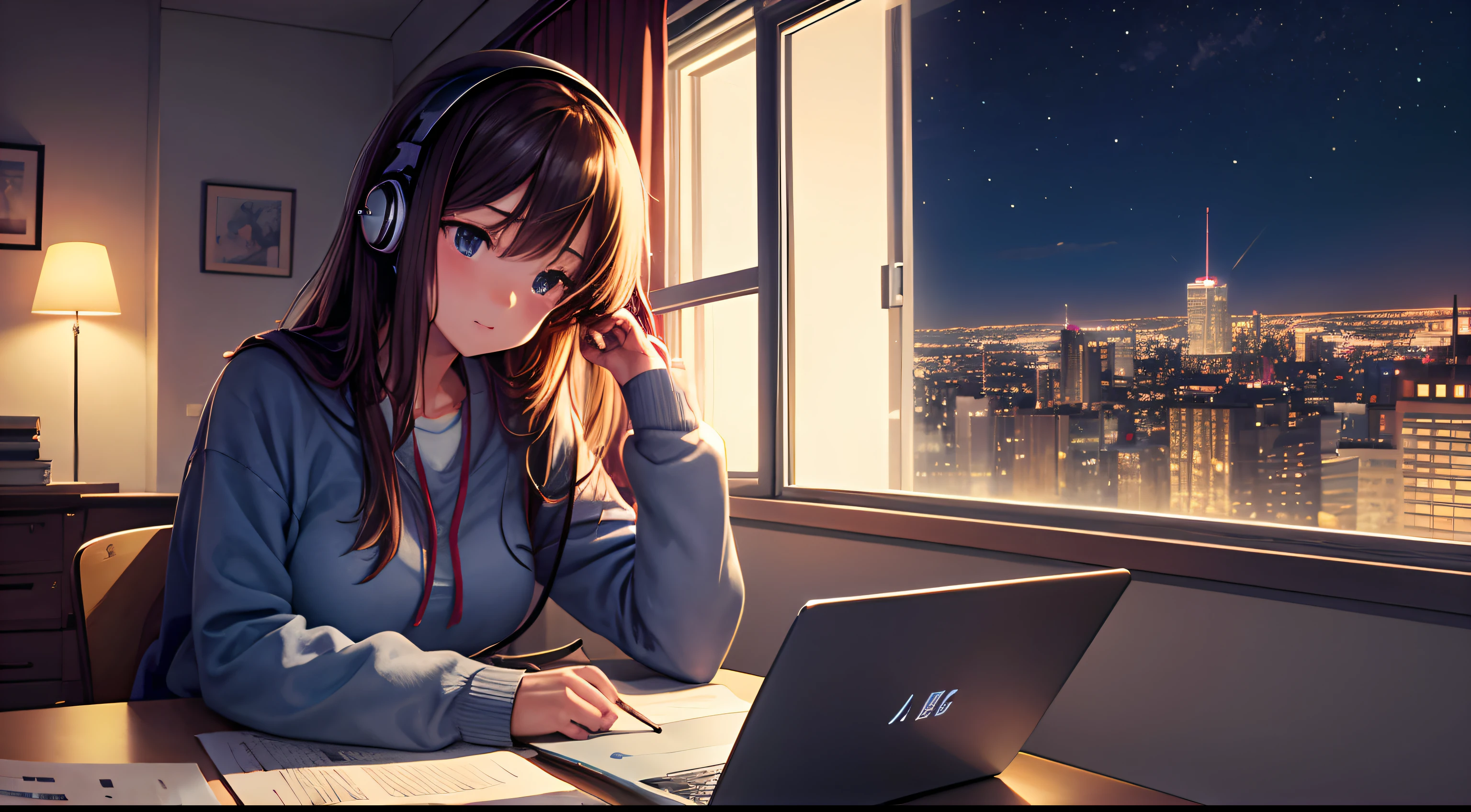 lofi music anime illustration, close-up of, Girl studying in room, with the book, Laptop, View of the city at night, listen to music while studying, Nice atmosphere and slightly dark room
