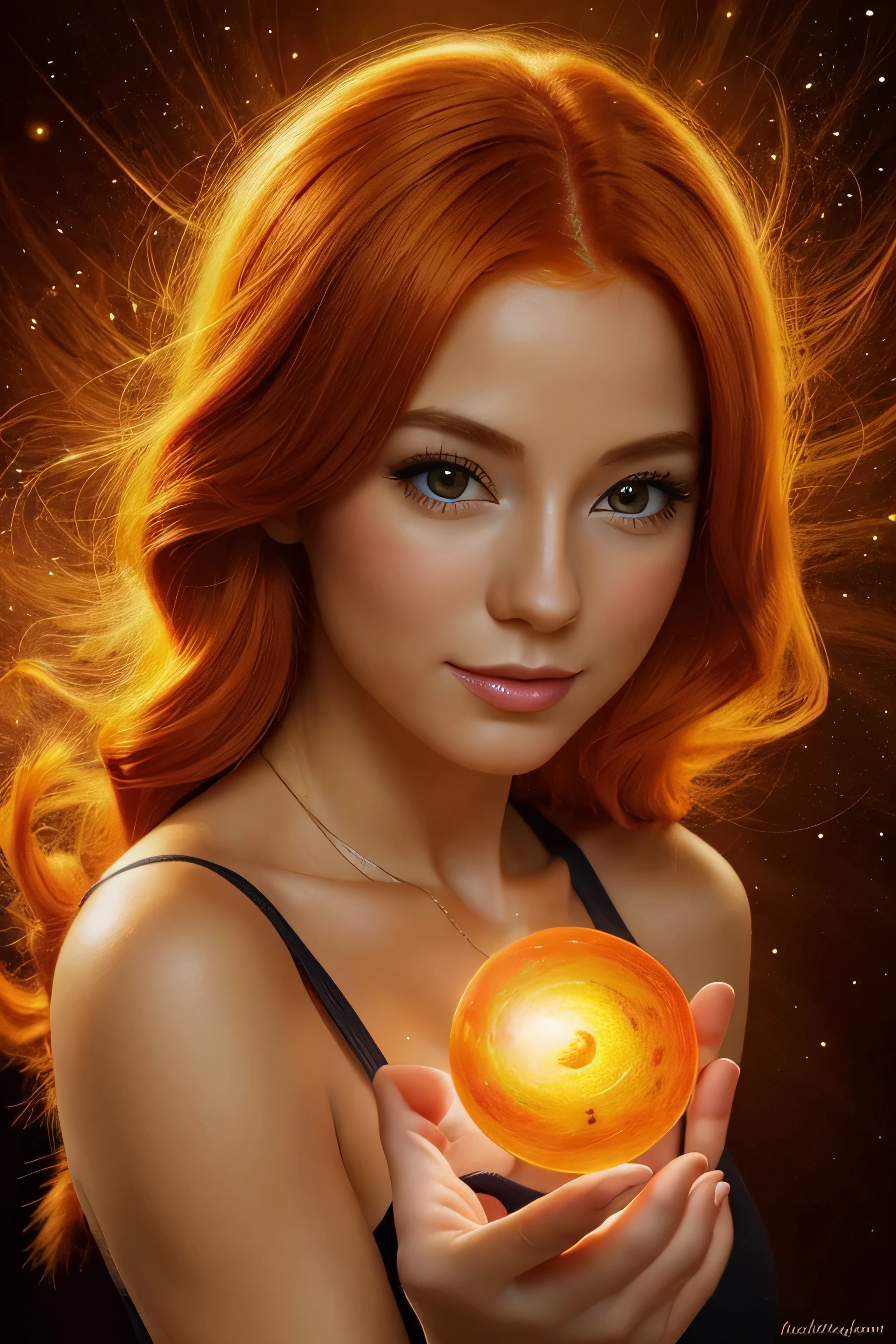 a painting of a colorful beautiful orange-haired woman, breathtaking rendering, within a radiant connection, inspired by Kinuko Y. Craft,, magical elements, kitten icon, wow, is beautiful, casting a multi colorful spell, bright flash, flash