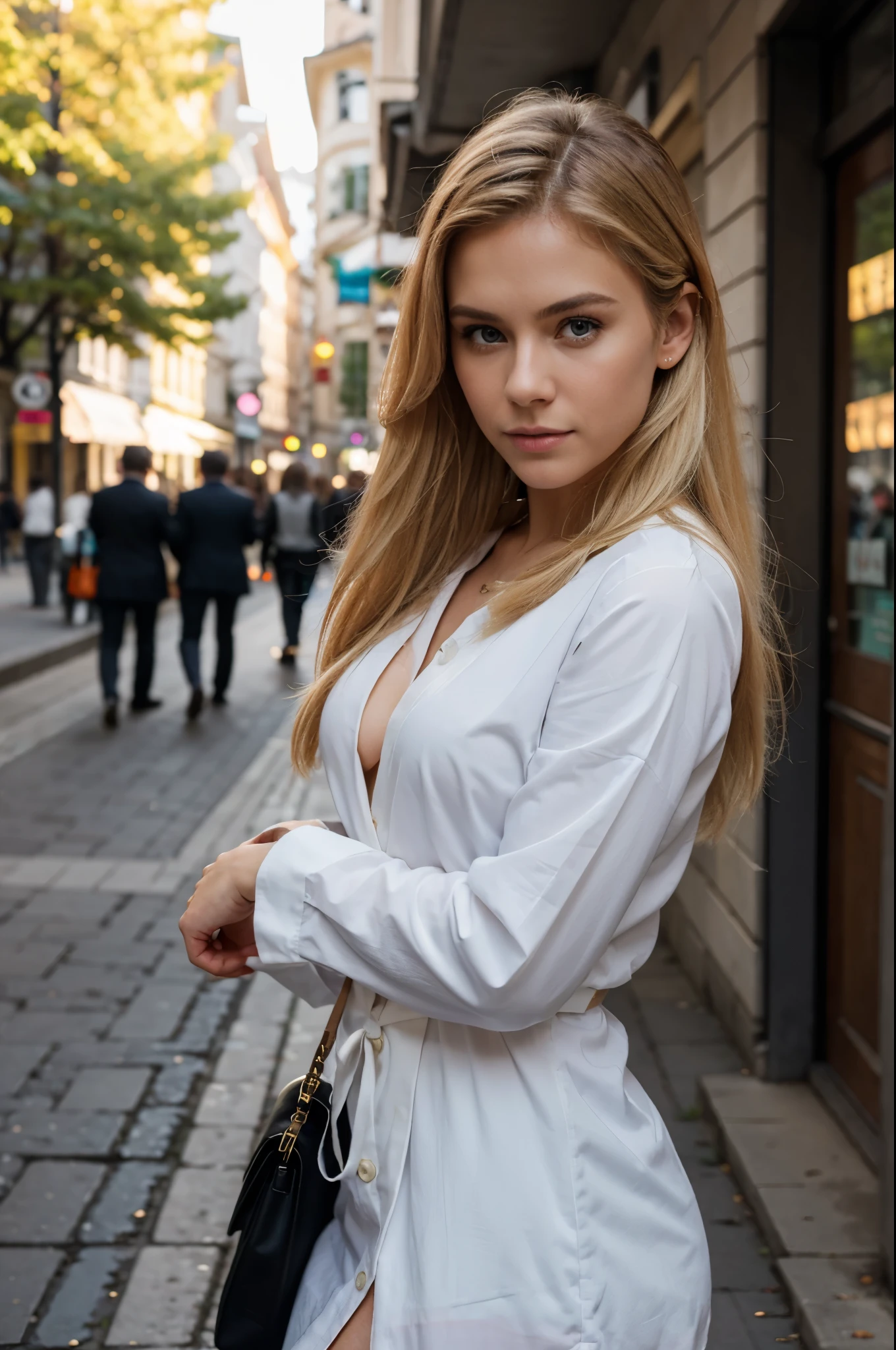 masterpiece, best quality, extremely detailed, hyperrealistic, photorealistic:1.2, a beautiful 20s french model, terrace, in the morning, dynamic pose, pink blazer:1.2, t-shirt ultra detailed face, messy hair, blonde hair, pale skin, busty breasts, tongue out