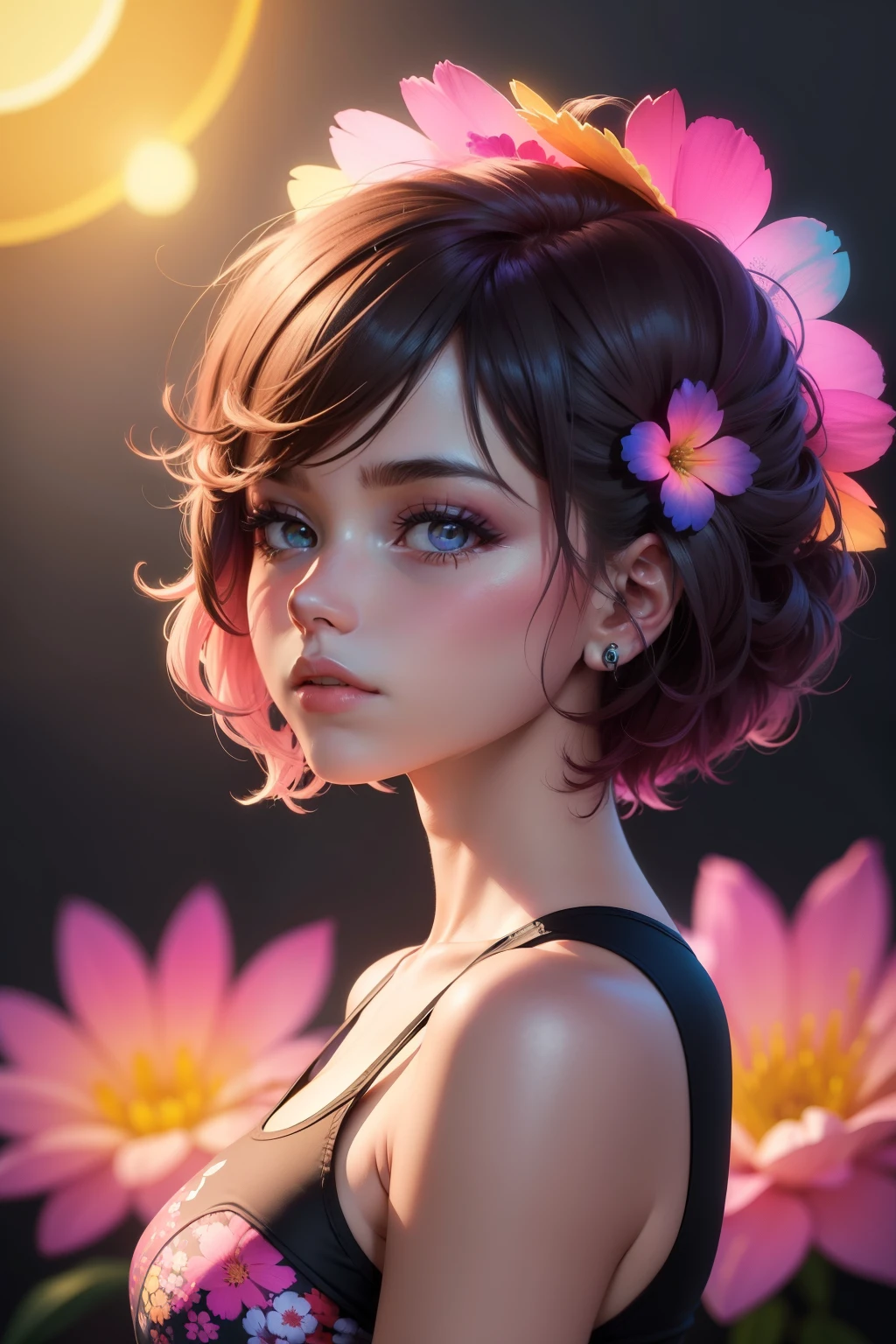 Desenhe flores vibrantes com cores neon, em contraste com um fundo escuro, para criar uma estampa moderna e chamativa.