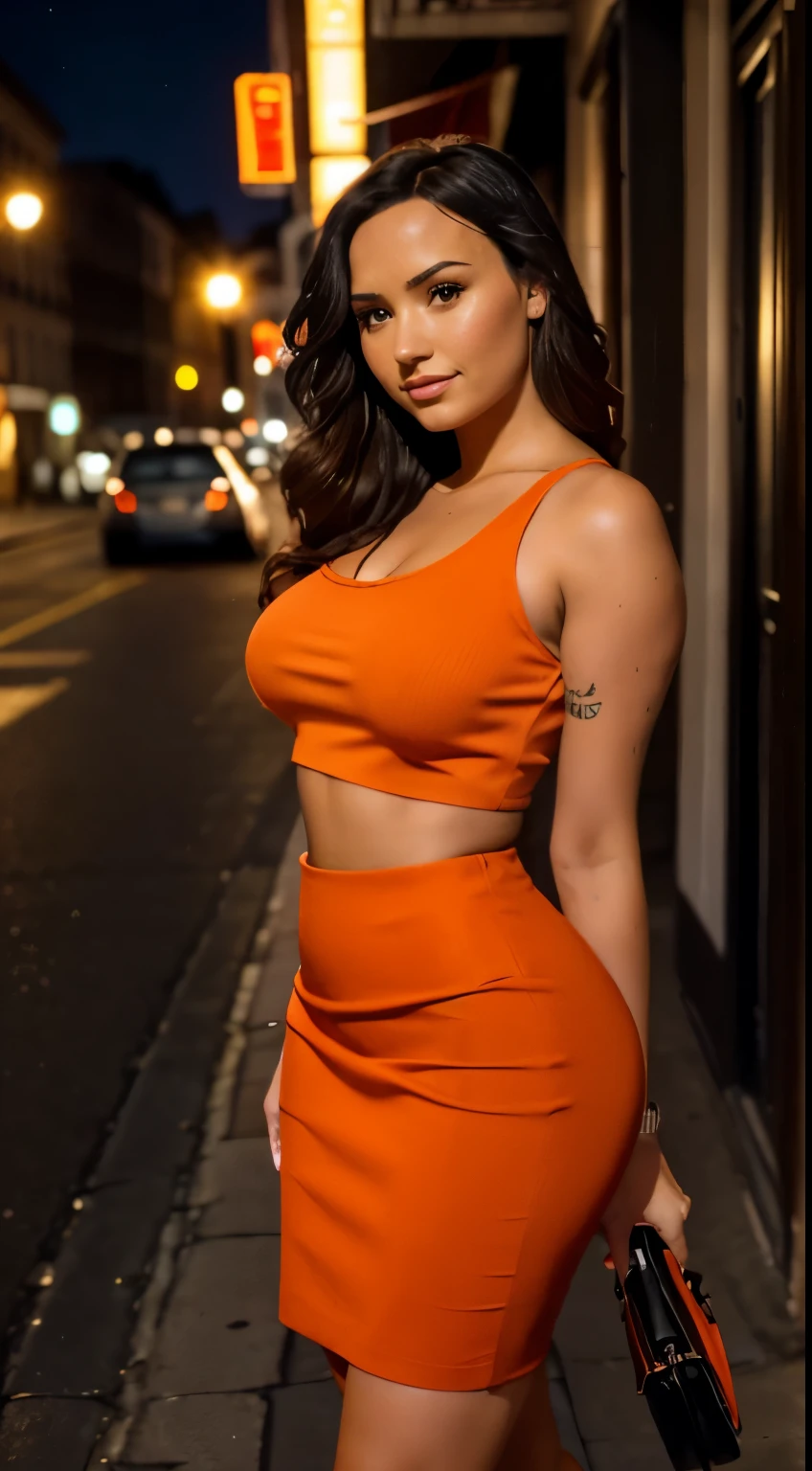 Foto hiperrealista en primer plano de Demi Lovato, masterpiece, best quality, (photorealistic:1.4), full body, , (light red crop top:1.2), (light orange mini pencil skirt:1.2) heels, heels, woking on the old European street, during the night, night cinematic light, beautiful woman, skinny, large big breasts, black long hair, detailed face, smile, facing the camera, photo taken from a distance, age of 25 years old