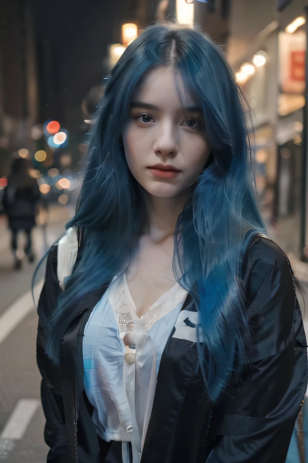 (melhor qualidade:1.2, ultra-detalhado, realista:1.37), modelo de 22 anos de cabelo azul, Cabelo longo, standing outside on the street at night, retrato, splendid, todas as roupas da moda preta, realista face, cabelo azul claro, Cabelo longo, close do rosto, pale skin