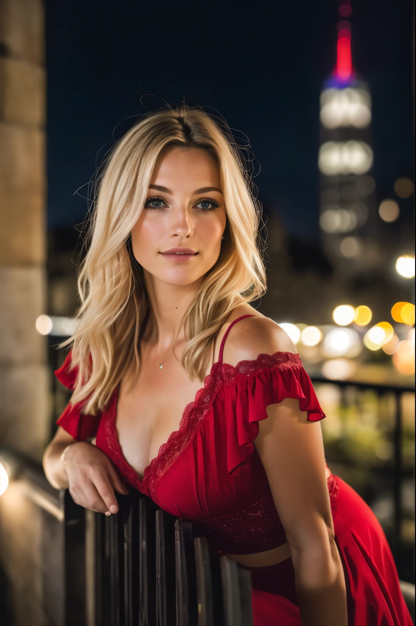 RAW uhd portrait d'une blonde de 24 ans en gros plan, cheveux blonds naturels, Châteaux, ondulé, (femme aux yeux marrons) dans l’appartement, Préhistoire de New York, ciel étoilé de nuit, ,seins naturels_b, L’arrière-plan de la nuit nocturne de la ville, (Robe d'été rouge), (découper), détaillé (textures!, Cheveux!, luminosité, couleur!, imperfections:1.1), Détail élevé des yeux clairs, (En regardant la caméra), éclairage spéculaire, reflex numérique, ultra qualité, netteté, pointu, Profondeur de champ, grain de film, (centré), Fujifilm XT3, clair comme de l'eau de roche, Le centre du cadre, Visage mignon, netteté, lampadaire, néons, Bokeh, (Faiblement éclairé), discret, dans la nuit, (ciel de nuit)