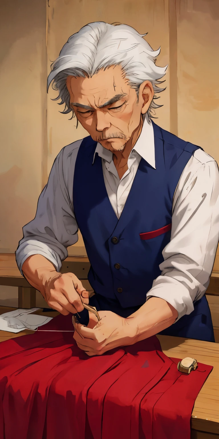 an anime-style , oldman ,depicting a tailor sewing a garment with a needle and thread. The tailor is depicted sitting with intense concentration, and the garment features intricate details that showcase the quality and precision of the work. The thread and needle may sparkle t. A simple background is placed to highlight the craftsmanship and skill of the tailor's handiwork.