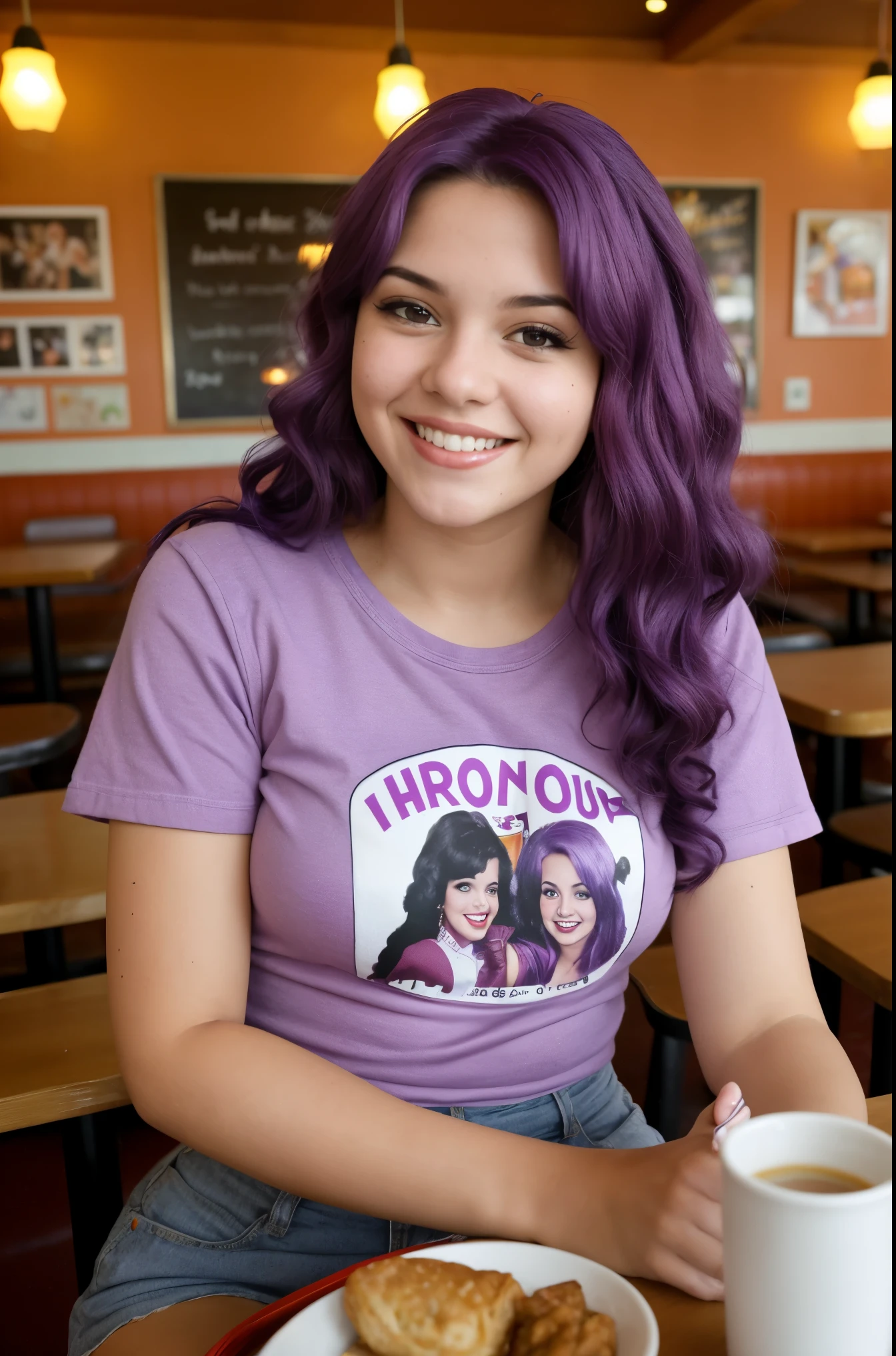 Street photography photo of a young woman with purple hair, Sonrisa, feliz, Linda camiseta, Sitting in a 50's restaurant 