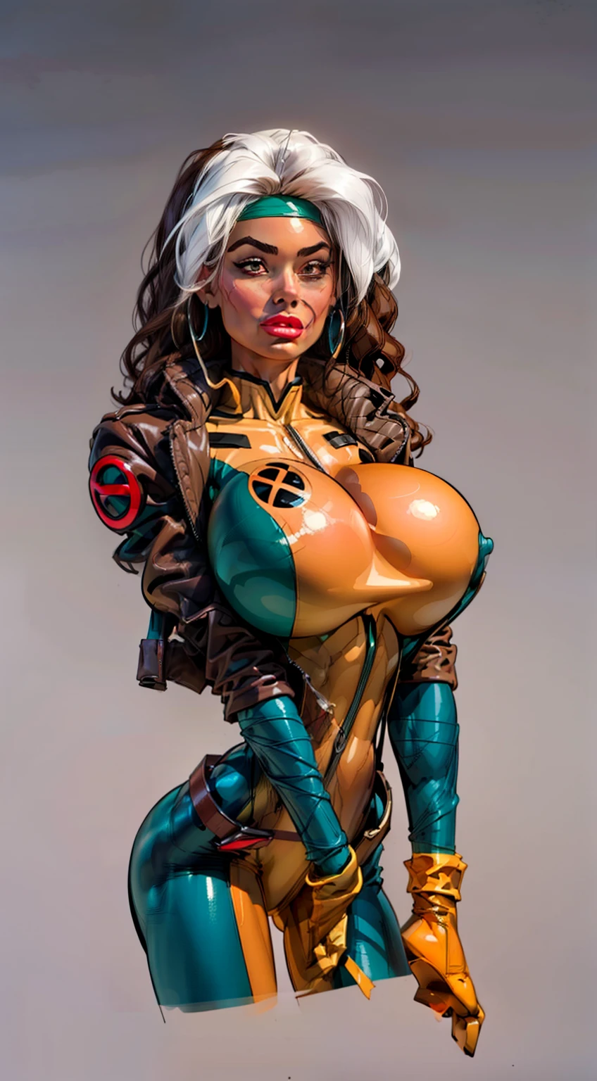 (aletta ocean face:1.2), (curly hair), ((masterpiece)),(((best quality))),((character design)), ((rogue)), x-men superhero, (perfect anatomy), ((full body view)) mature face, (brown and white hair),((spandex:1.4)), (((biker jacket))), defined cheekbones, high cheekbones, illustration, muscular, sexy bimbo, (gigantic breasts:1.7) white hair bangs, ((detailed face:1.4)) ((official artwork)), clean lineart, beautiful woman, (Caucasian:1.4) (white skin:1.4) , (red lipstick:1.4), shiny skin, (puffy lips:1.4) , pose, 8k,16k, (simple background, white background: 1.3) ((cool color palette)), ((cyberpunk aesthetic))