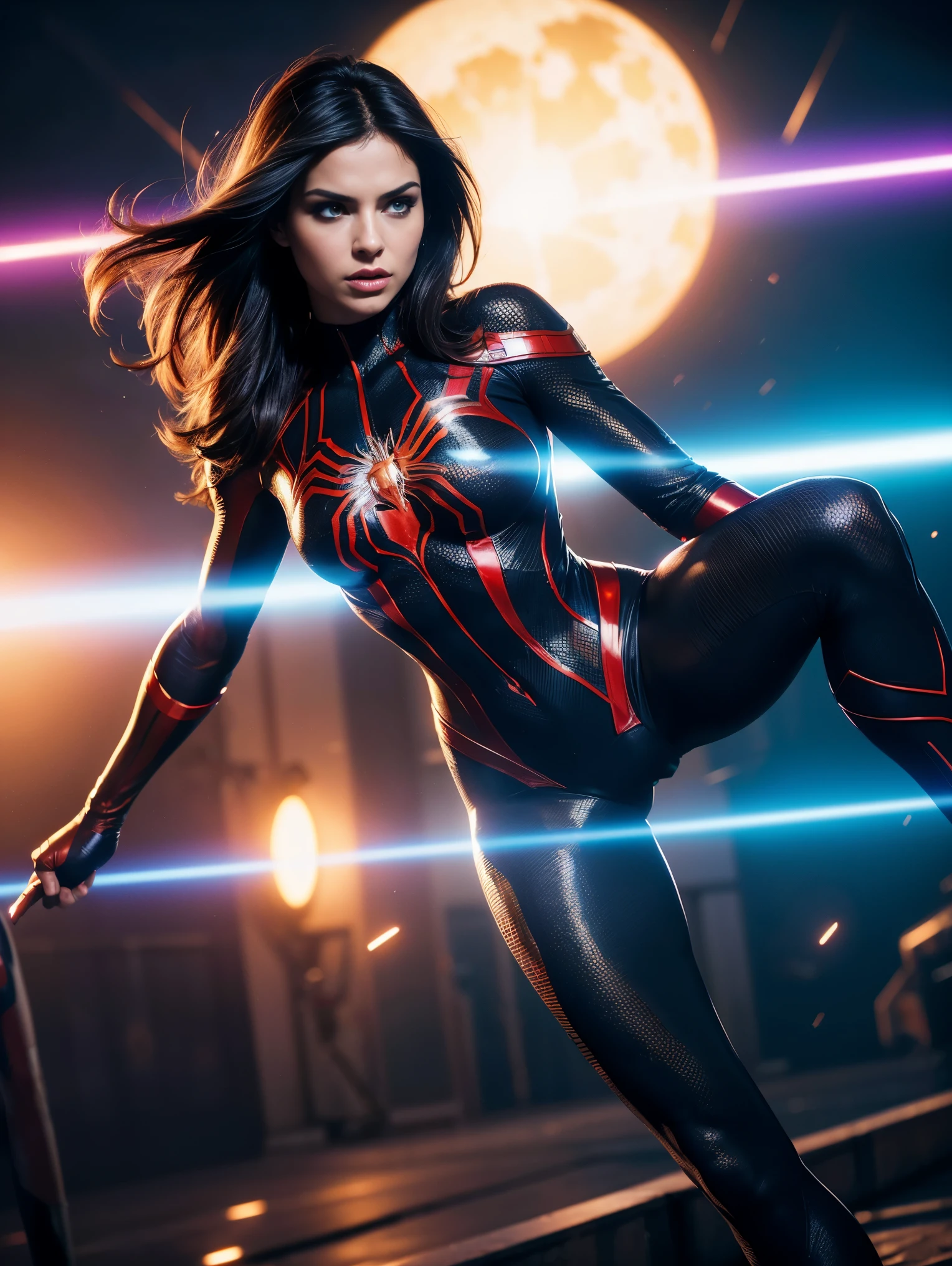 Scene from Movie, an ultra hot gorgeous European spiderWoman from marvel, age 23, full body shot, sexy action pose, Distorted Space, Distorted Undead in the Background, Lens Flares, Light Shafts, Intricate Details, High Detailed, Volumetric Lighting, 4k Rendering, Stock Photo, Hyper-Realistic, Realistic Textures, Dramatic Lighting, Unreal Engine