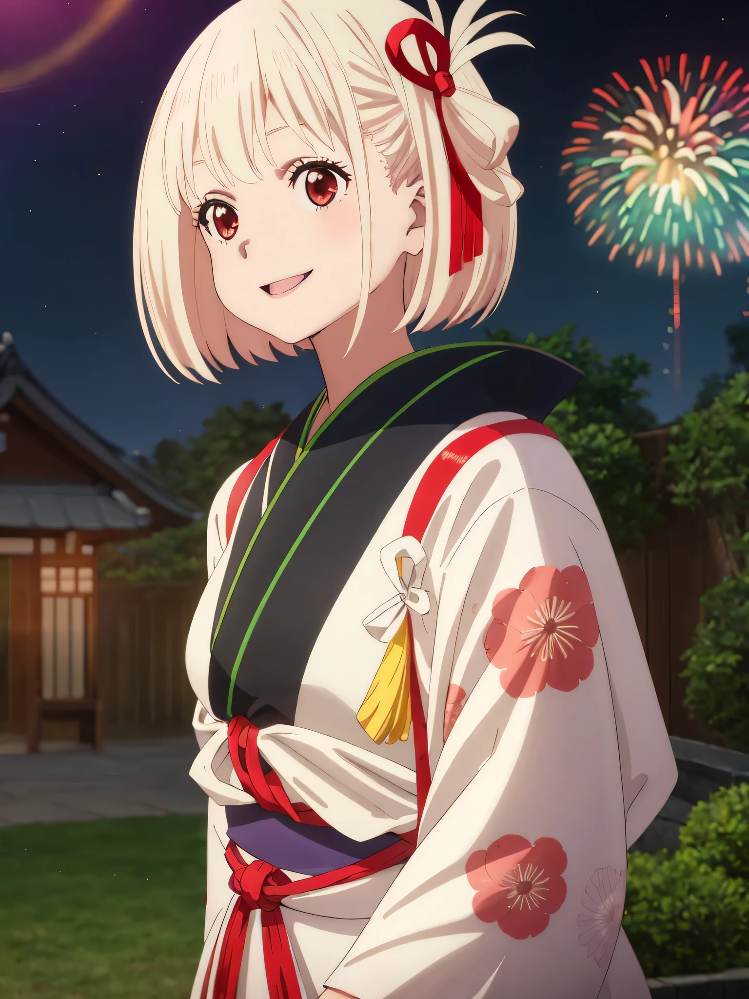 best image quality、high quality、18-year-old、1 girl, masterpiece, 最high quality,、medium full shot、big 、kimono、Yukata、Fireworks go off、Against the background of fireworks、perfect style、confession、from the front、smile、Upper body、High resolution, unity 8k wallpaper, highly detailed face, perfect lighting, Very detailed CG、Bokeh, written boundary depth, blurred background, Senzoku Nishikigi、Blonde short bob、red eyes
