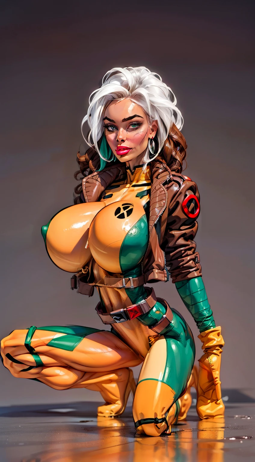 (aletta ocean face:1.2), (curly hair), ((masterpiece)),(((best quality))),((character design)), ((rogue)), x-men superhero, (perfect anatomy), ((full body view)) mature face, (brown and white hair),((spandex:1.4)), (((biker jacket))), defined cheekbones, high cheekbones, illustration, muscular, sexy bimbo, (gigantic breasts:1.7) white hair bangs, ((detailed face:1.4)) ((official artwork)), clean lineart, beautiful woman, (Caucasian:1.4) (white skin:1.4) , (red lipstick:1.4), shiny skin, (puffy lips:1.4) , pose, 8k,16k, (simple background, white background: 1.3) ((cool color palette)), ((cyberpunk aesthetic))