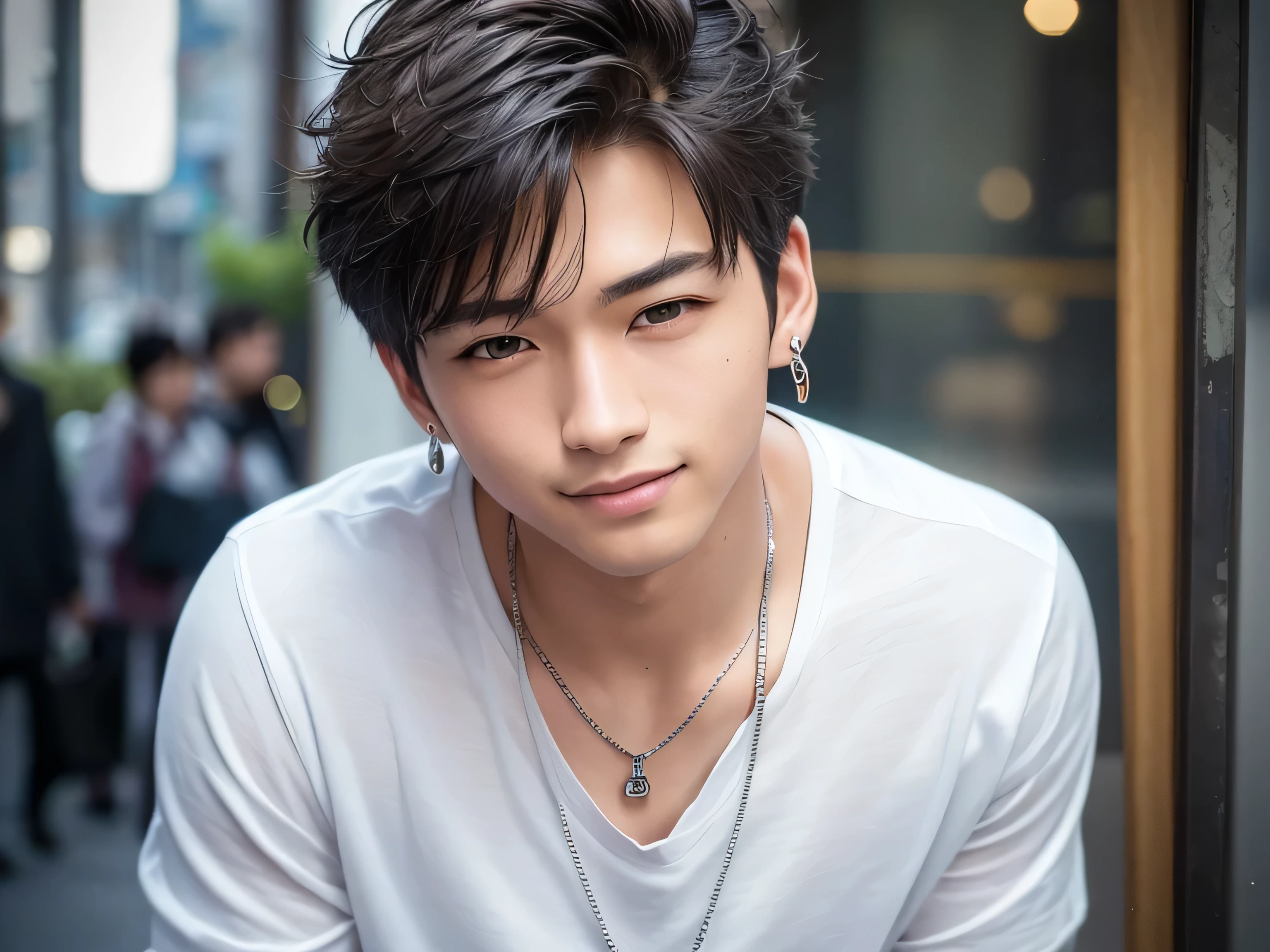 masterpiece, 最high quality, high quality, (realistic:2), ((18, male:1.1)), (maleの子1名, Japanese), standing on the street, Asian, whole body, beautiful detailed eyes, (beautiful), (super handsome), Fashion Model, K-pop, (short blonde hair:1.2), (wearing a black blazer, white t-shirt, and black jeans), T-shirt with logo, abercrombie and fitch, (different hairstyles), earrings, (Simple Silver Necklace), smile, (face focus), Instagram, (good reflection:1.2), beautiful skin, realistic skin color, alone, male, (Various locations in Tokyo, intricate details)