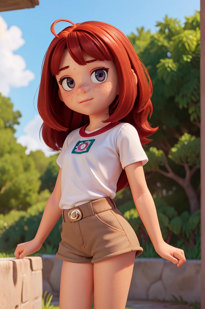 Create a 3D illustration of an animated character, girl ((11 years old)) ((body 11 years old)), long dark red hair, (freckles:1.0), light skin, light gray eyes, nature park, binoculars, animals, style Disney, short shorts, small blouse