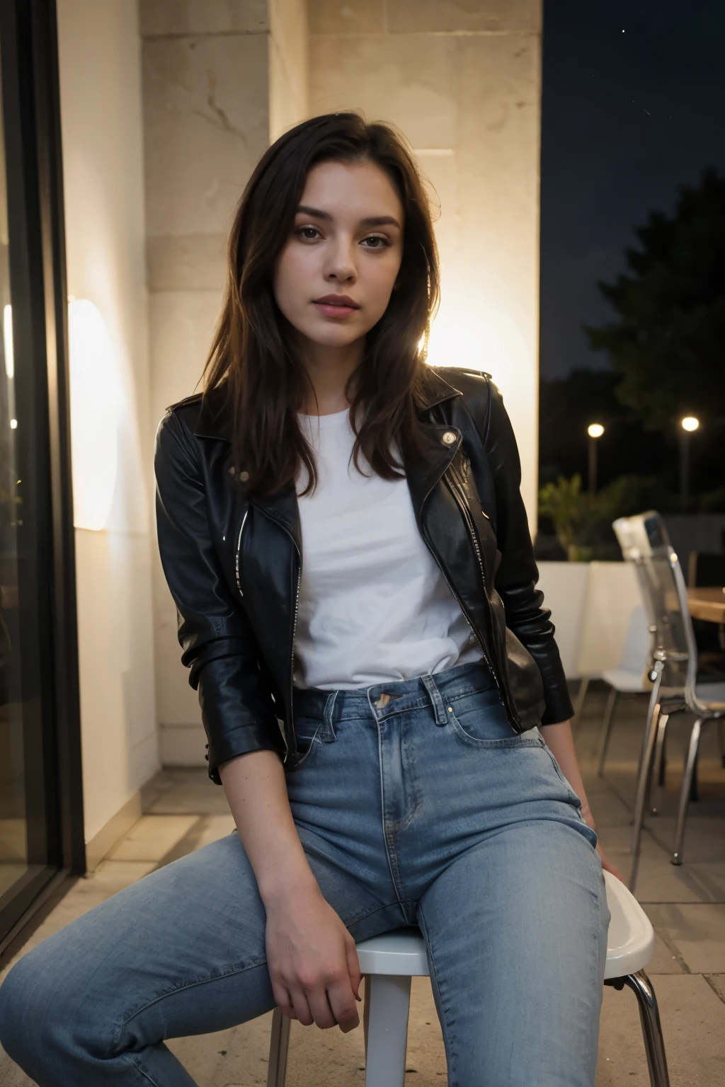 ((best quality)), ((masterpiece)), (detailed), perfect face tall skinny brunette woman wearing blue jeans, leather jacket and a white tshirt sitting down on a chair alone at night 


