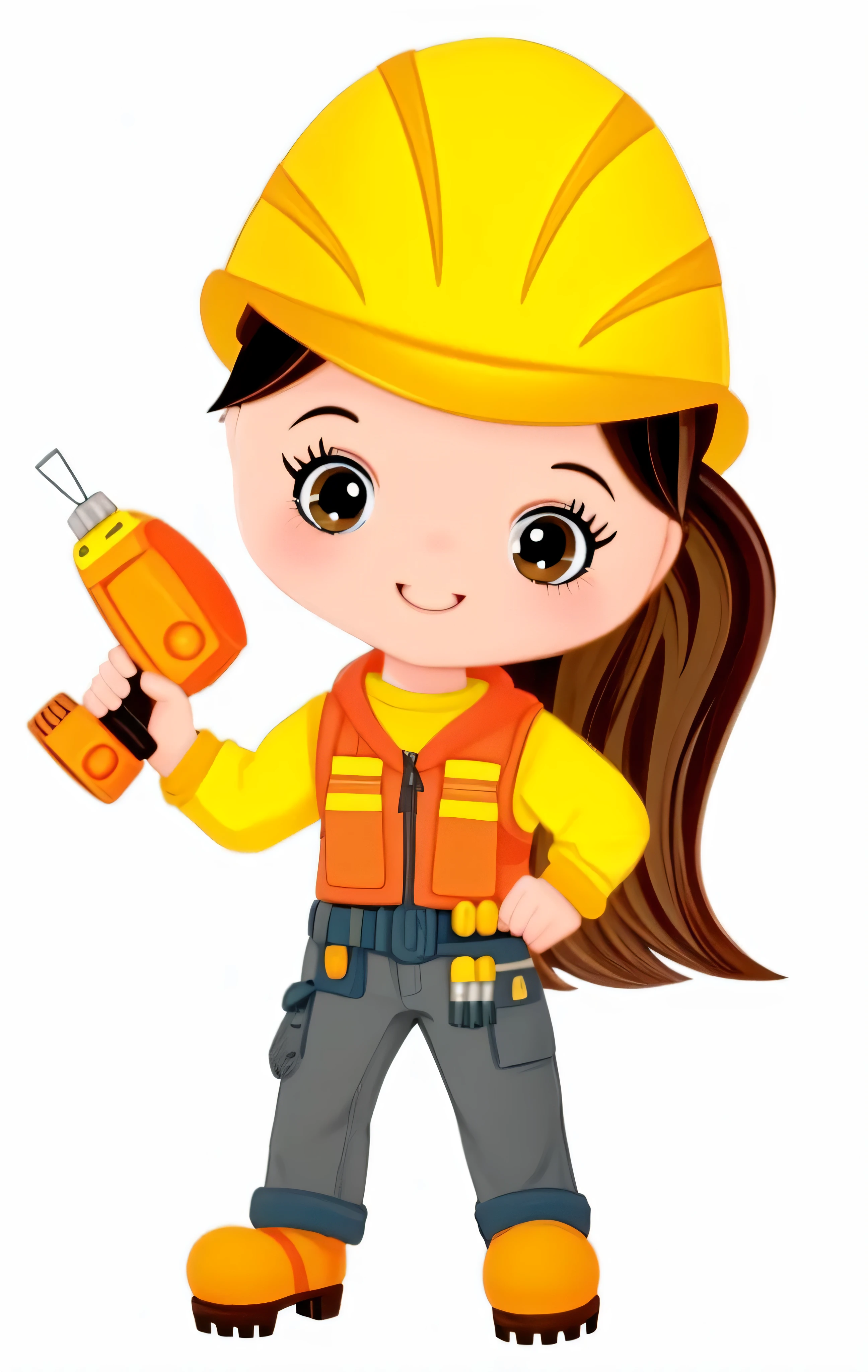uma garota de desenho animado com um capacete segurando uma furadeira, Mulher fofa, Chibi, construction, profissional, carpinteiro, engenheiro, imagem de perfil, mechanic, diva, 😃😀😄☺🙃😉😗, civil engenheiro, Fofa, caricatura, trabalhando duro, pilar, trabalho profissional, resistente, trabalhadores, 🪔 🎨;🌞🌄