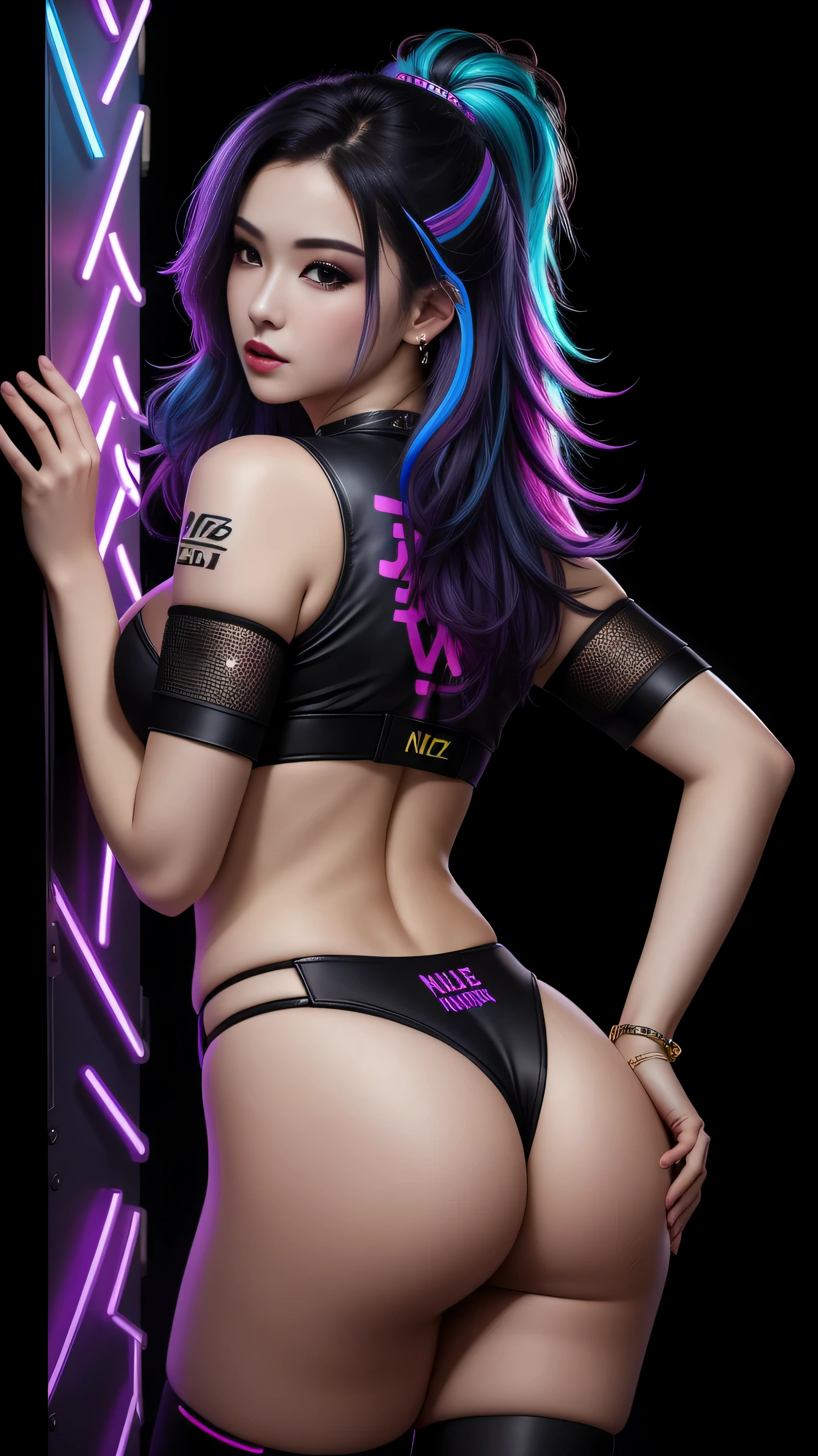 there is a korean beauty standing, royal blue and bright purple neon streaked hair, 3 d neon art of a womans body, neon-noir background, cyberpunk femme fatale, seductive cyberpunk dark fantasy, cyberpunk strip clubs, cyberpunk 20 y. o model girl, oppai cyberpunk, banner, high definition cgsociety, cgsociety masterpiece, trending on cgstation, kda, random hair, looking at camera, ((nice ass:1.4)), cleavage, (high detailed skin:1.2), 8k uhd, dslr, super lighting, high quality, film grain, high res, highly detailed, hyper realistic, beautiful face, beautiful body, beautiful eyes nose lips, alluring expression, very bold, upper visible, full body photo, standing legs apart, pale translucent glowing skin, most beautiful face, cute, (well defined pubic hair:1.2)), (dark plain black background:1.4))