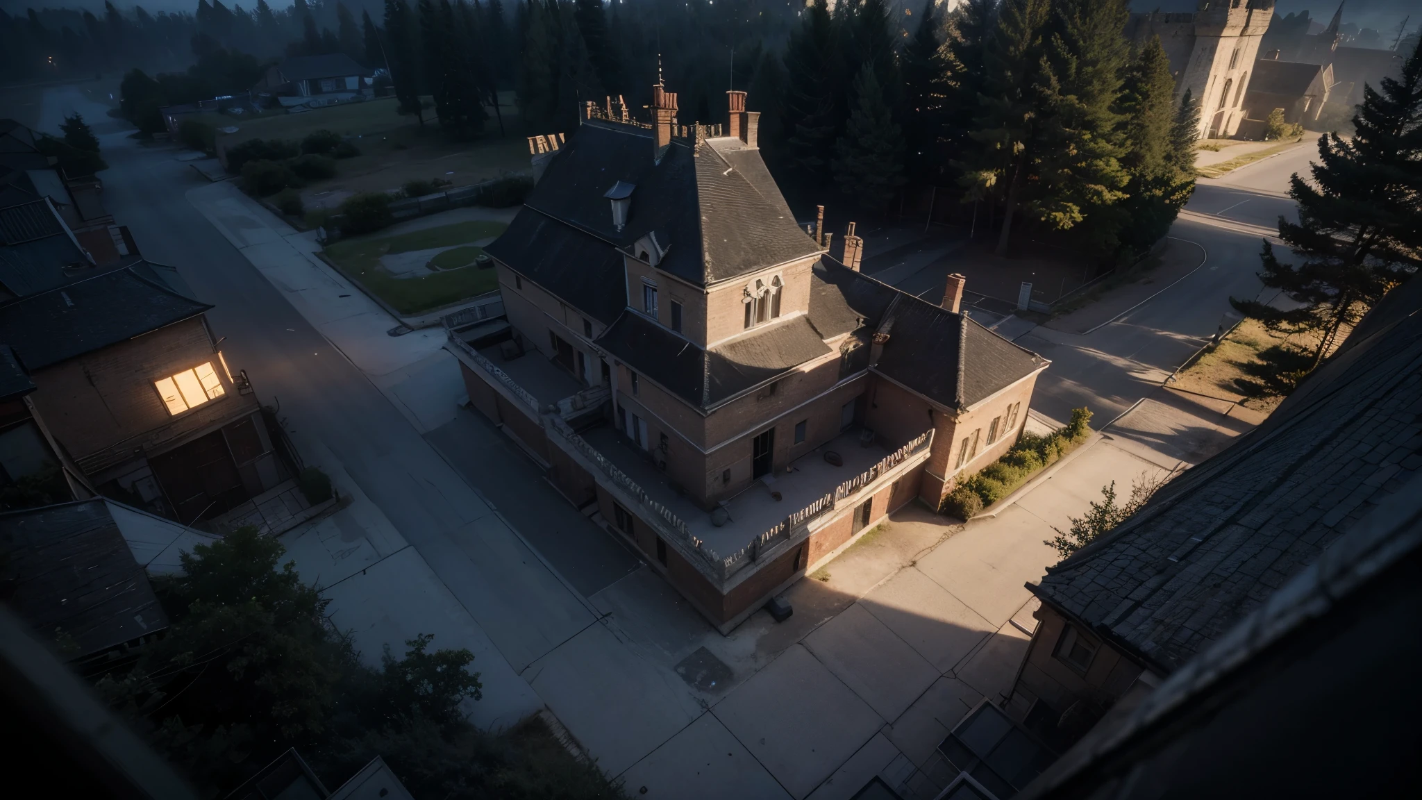 Epic English castle, Crisscross hatching texture, brush strokes, palette knife, cut and paste arrangement. bird's eye view, high angle, cinematic composition, night sky, chiaroscuro lighting, moody with edge lighting, cinematic lighting, anamorphic lens flare, strong contrast between light and dark areas, rim lighting, Hunt: Showdown vibe, Octane renderer, Autodesk Arnold renderer, hyper real 3d render, 3d modelling, 8k,