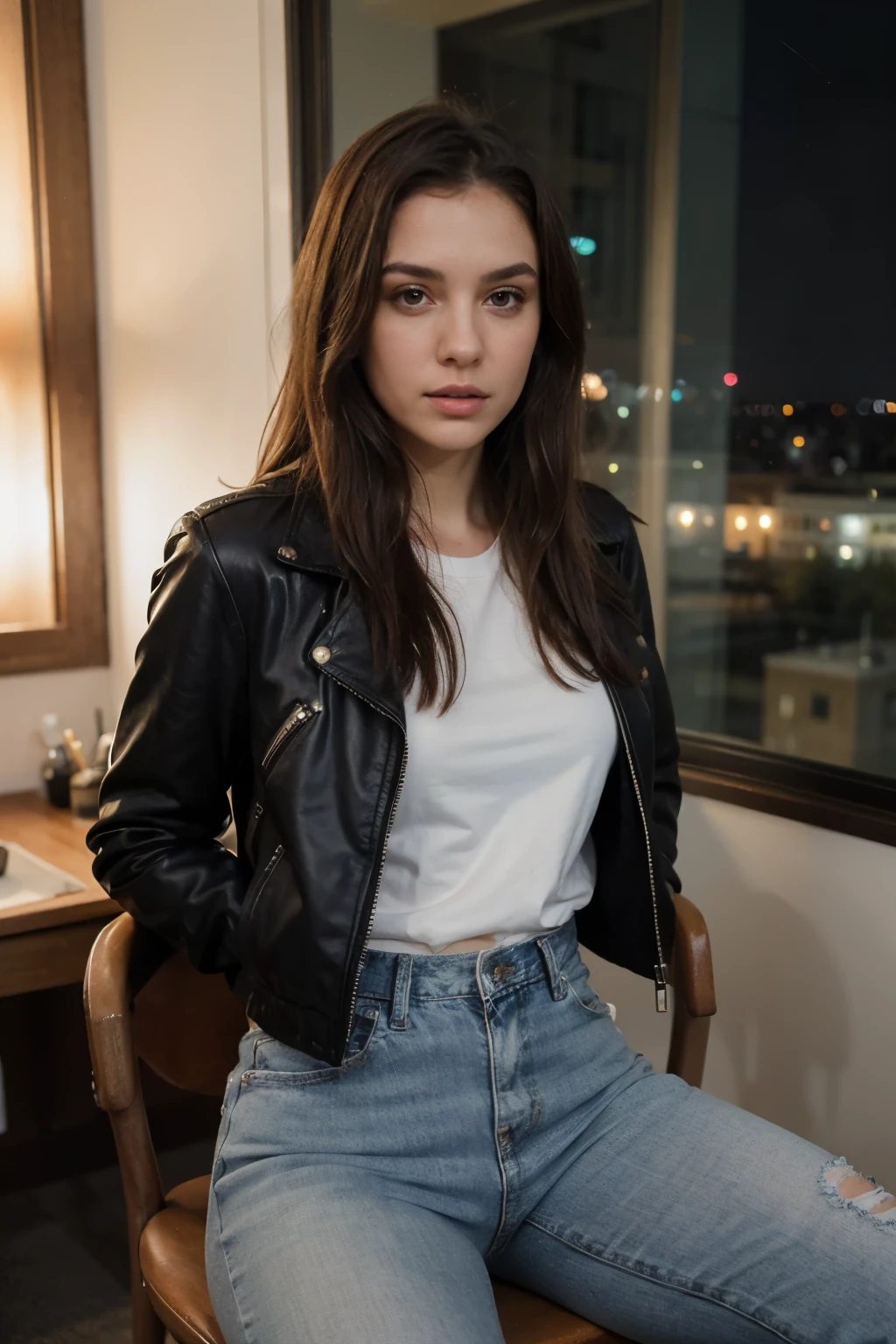 ((best quality)), ((masterpiece)), (detailed), perfect face tall skinny brunette woman wearing blue jeans, leather jacket and a white tshirt sitting down on a chair alone at night