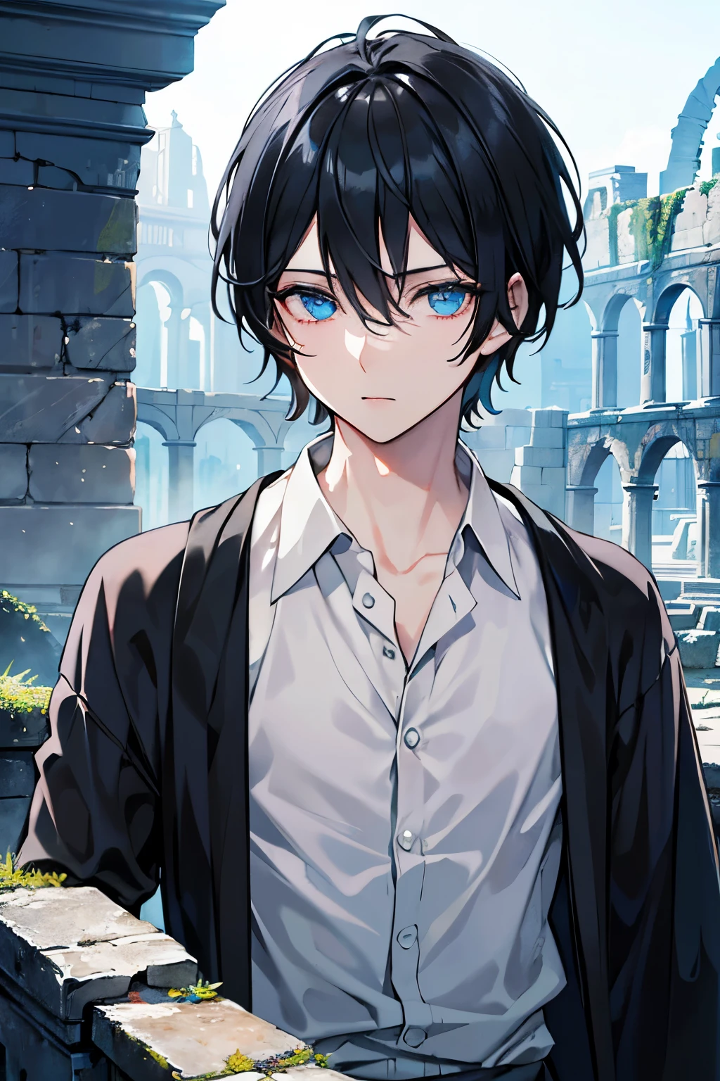 male black hair blue eyes very short hair one person ancient ruins dense forest ancient ruins waterside masterpiece Highest image quality noise removal clear parts cinematic shadow Increased attractiveness of the eyes clear parts the shine of the eyes Draw eyelashes neatly perfect eyes detailed eyes Sharpen image quality Sharpen eye writing clear parts eye shape