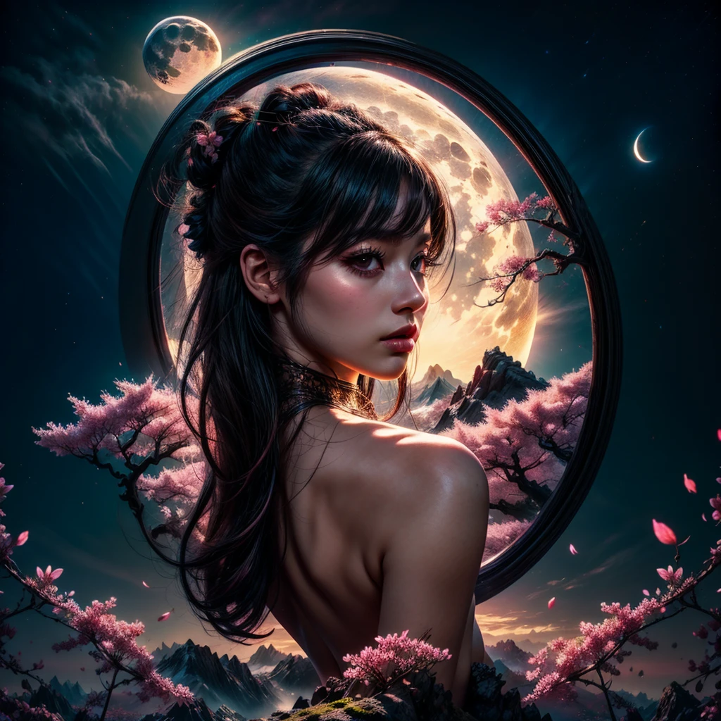 masterpiece, best quality, night, mountain, full moon, long black hair, woman, firefly, stars, mysterious cherry blossom tree, pink leaves, high quality, beautiful graphics, high detail,nsfw, subtle nudity