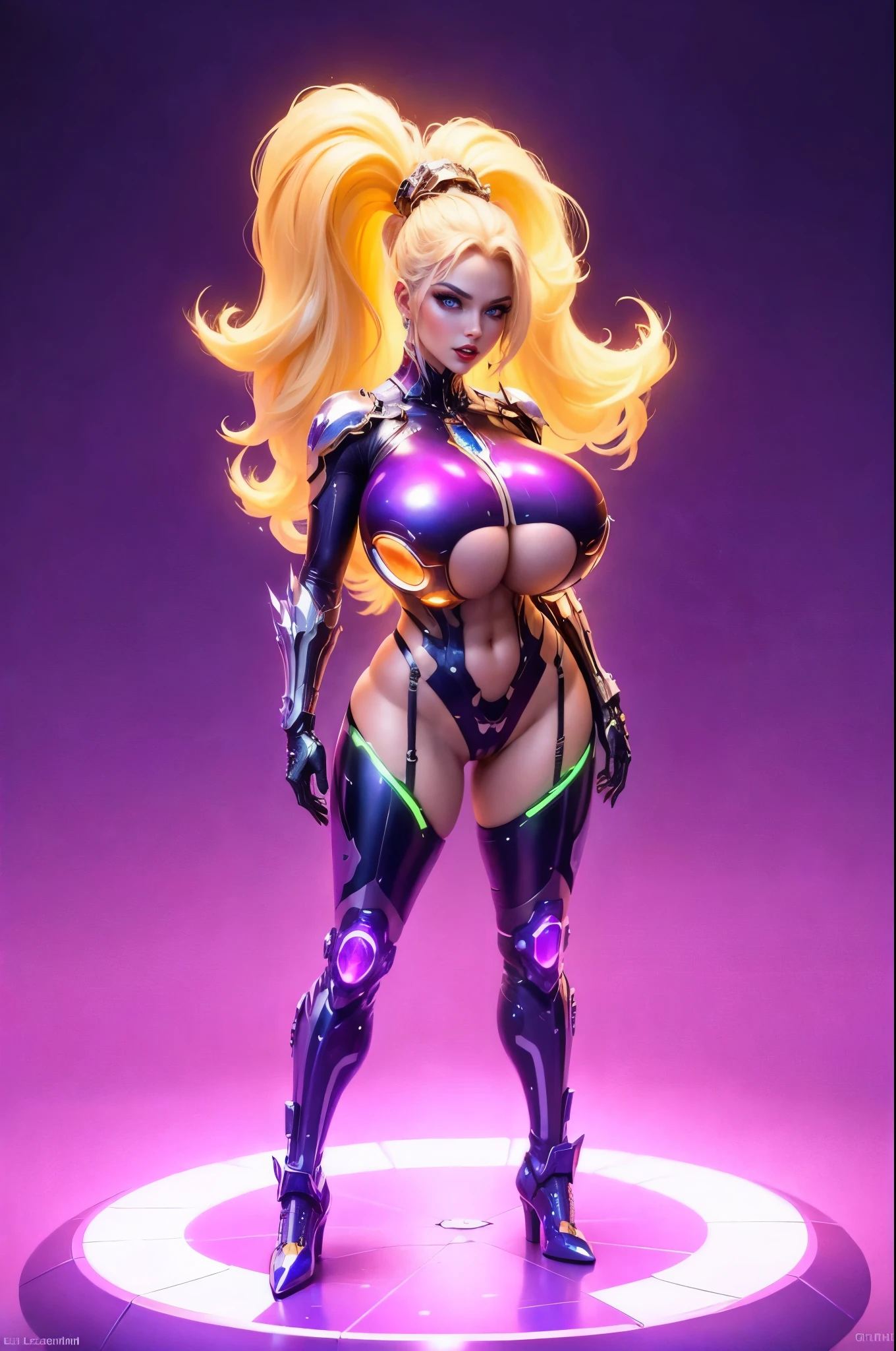 (8k), (mejor calidad), (obra maestra: 1.2), ((ultra realista)), Futuristic mecha girl on neon-lit sci-fi cover, (huge breasts:1.3), estilo (cyberpunk:1.3), Llevar un traje mecha de batalla con detalles brillantes, posando sensualmente, Pechos grandes y cola grande (muslos hechizantes cuerpo completo) cuerpo completo, Detalles en blanco, , azul, (futurista detallada),(en una batalla, alien el espacio)