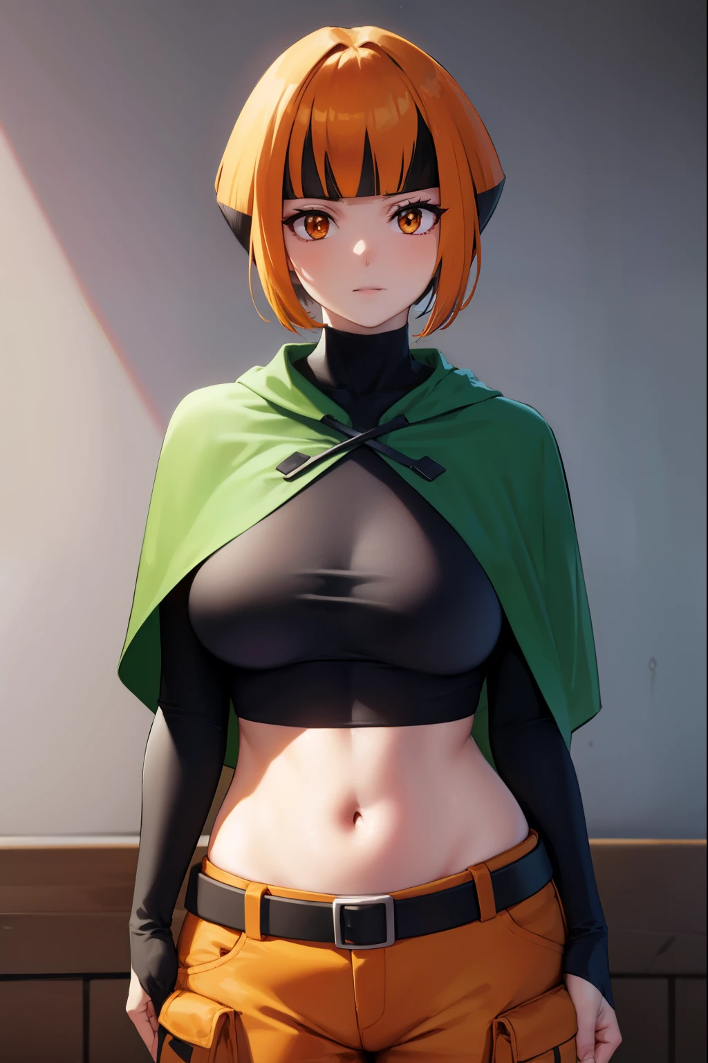 pokemongardenia, pokemongardenia, black hair, bob cut, multicolored hair, (orange eyes:1.5), orange hair, petals, short hair, two-tone hair,
BREAK belt, belt buckle, buckle, capelet, cargo shorts, midriff, navel, shorts, undershirt, long sleeves, green capelet, black undershirt,
BREAK looking at viewer, full body, (cowboy shot:1.5),
BREAK indoors,
BREAK (masterpiece:1.2), best quality, high resolution, unity 8k wallpaper, (illustration:0.8), (beautiful detailed eyes:1.6), extremely detailed face, perfect lighting, extremely detailed CG, (perfect hands, perfect anatomy),