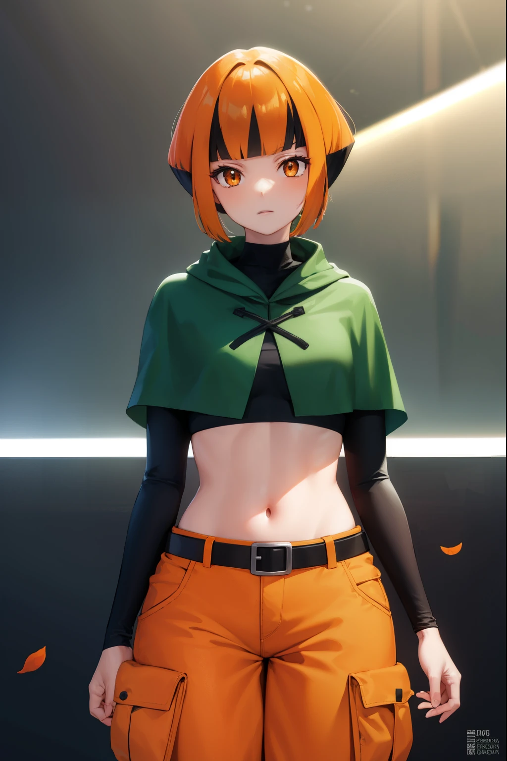 pokemongardenia, pokemongardenia, black hair, bob cut, multicolored hair, (orange eyes:1.5), orange hair, petals, short hair, two-tone hair,
BREAK belt, belt buckle, buckle, capelet, cargo shorts, midriff, navel, shorts, undershirt, long sleeves, green capelet, black undershirt,
BREAK looking at viewer, full body, (cowboy shot:1.5),
BREAK indoors,
BREAK (masterpiece:1.2), best quality, high resolution, unity 8k wallpaper, (illustration:0.8), (beautiful detailed eyes:1.6), extremely detailed face, perfect lighting, extremely detailed CG, (perfect hands, perfect anatomy),