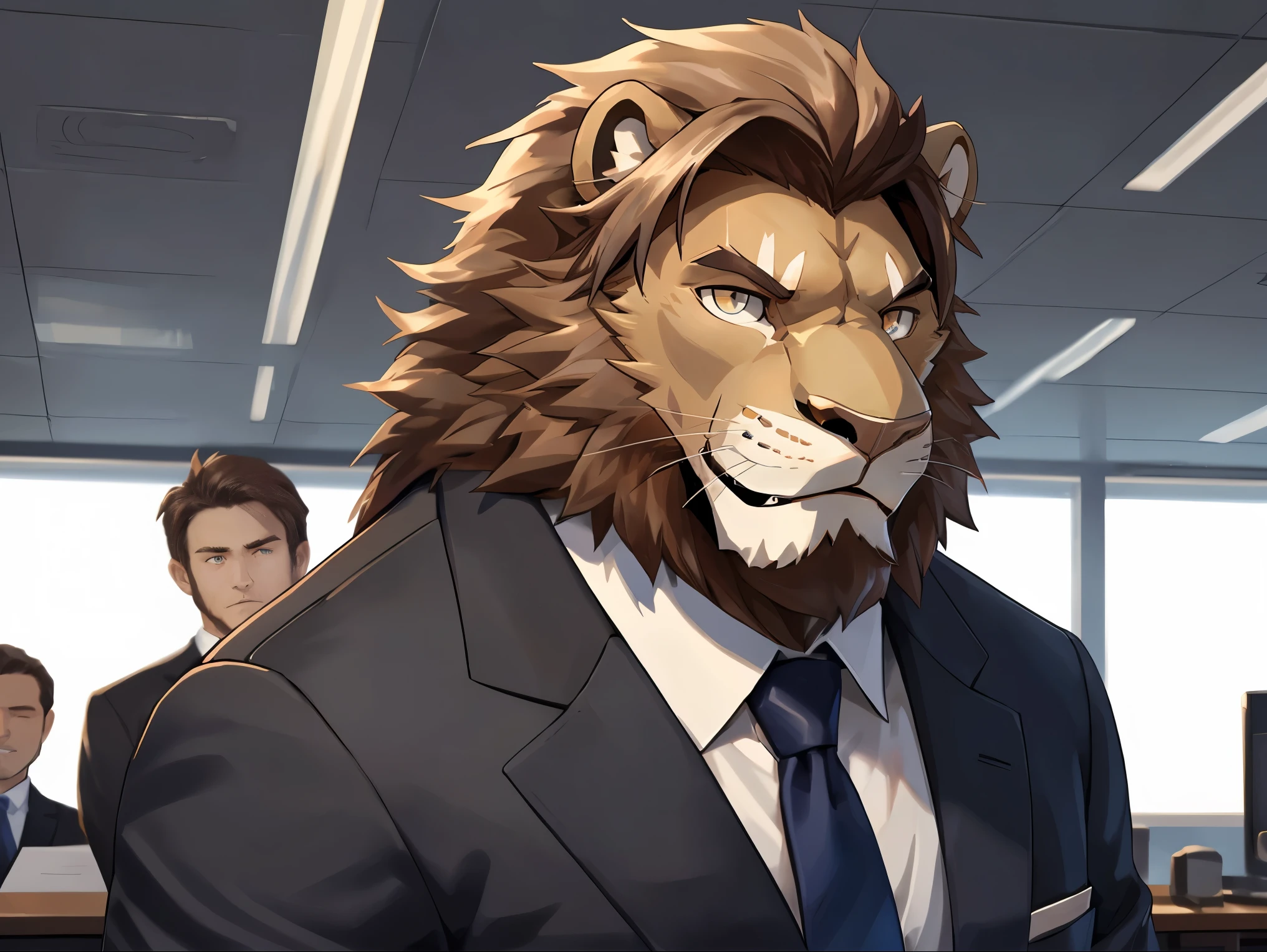 office，facial close-up（squint），Looking at you with an embarrassed expression, Scene at the desk, , (super detailed), sharp focus, facial close-up（Shy，lion兽人,golden eyes, brown mane, Light-colored fur, White beard, human nature (lion), male, middle aged, Shallow body, white belly, muscular, super detailed face, (exquisite eyes)frown,Embarrassed expression，Tooth grinned，suit and tie，motion blur, (best quality), (masterpiece), high detail, high quality, Award-winning, high resolution, HD, 16k, 