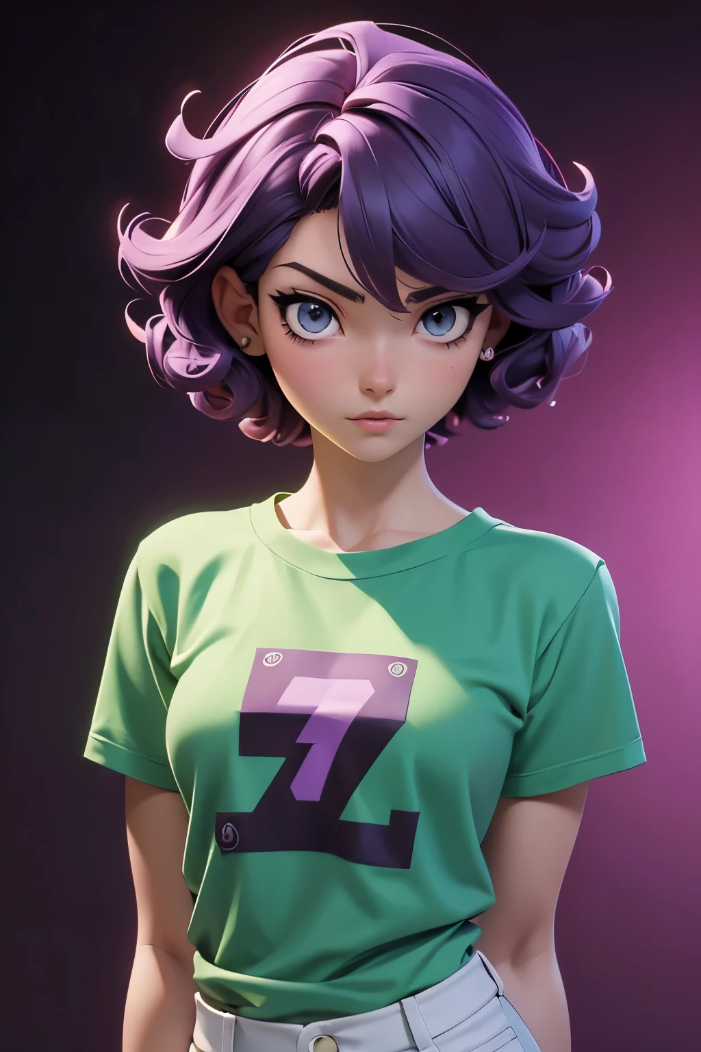 Realistic anime, 1girl, beautiful face, muscular slender body, hair style : very short hair Tapered With Fade And Textured Curls, 21 year old, anime style background , full body focus, well detailed, high resolution 8k, age:23, jersey t-shirt color : violet with white, black, green, background : red lighting ,