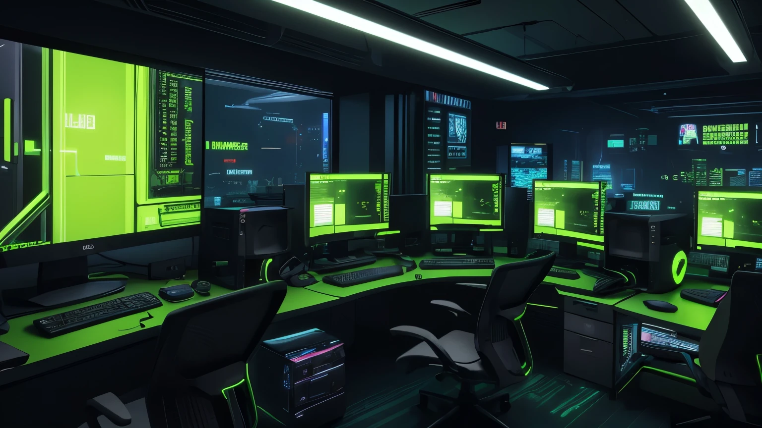 computer room, multiple monitor, machine, cyberpunk, code, lime green, wallpaper, detailed texture,sharp, rendering,shadows,dark atmosphere