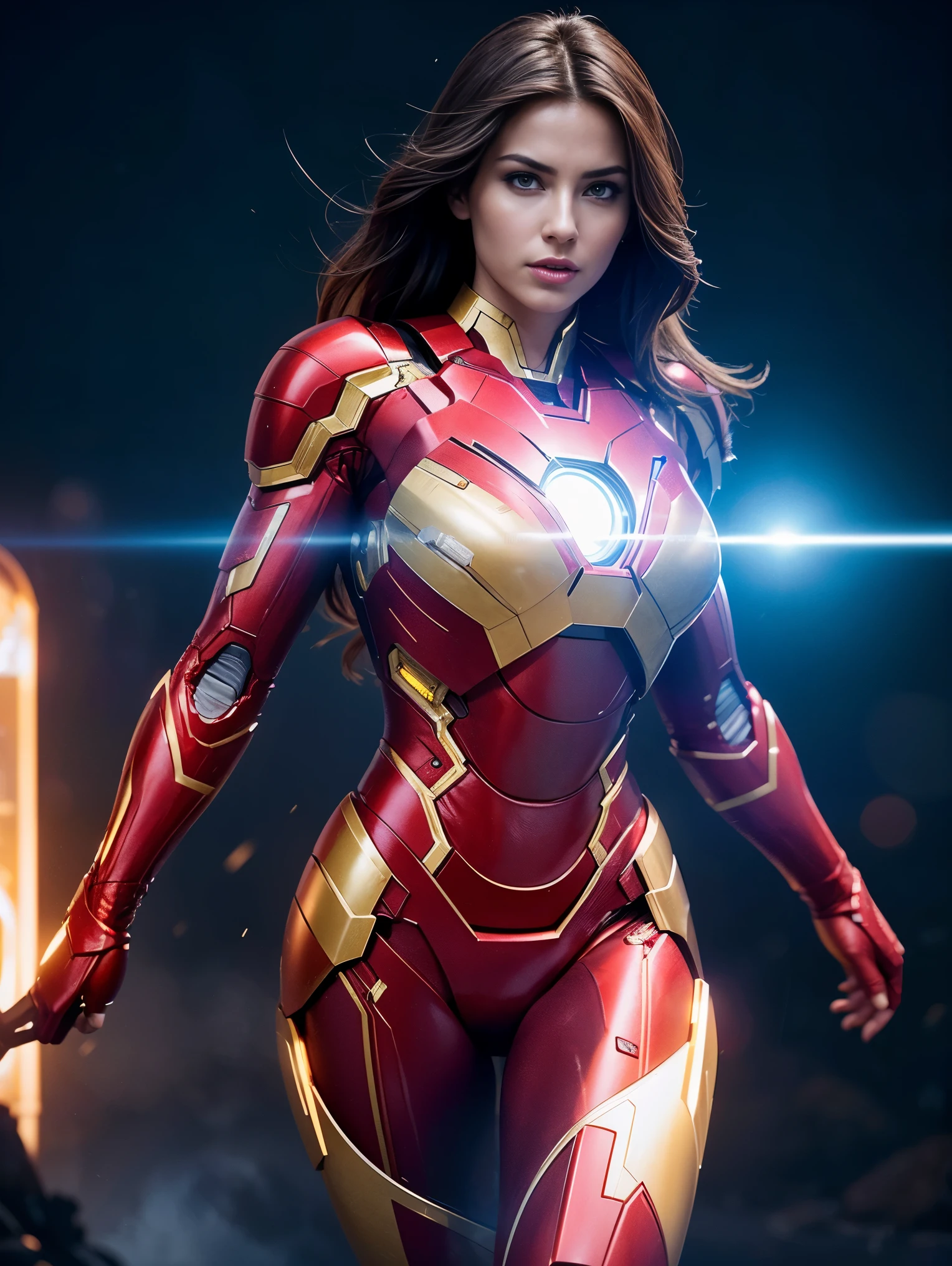 Scene from Movie, an ultra hot gorgeous European woman in iron man armor, age 23, full body shot, sexy action pose, Distorted Space, Distorted Undead in the Background, Lens Flares, Light Shafts, Intricate Details, High Detailed, Volumetric Lighting, 4k Rendering, Stock Photo, Hyper-Realistic, Realistic Textures, Dramatic Lighting, Unreal Engine