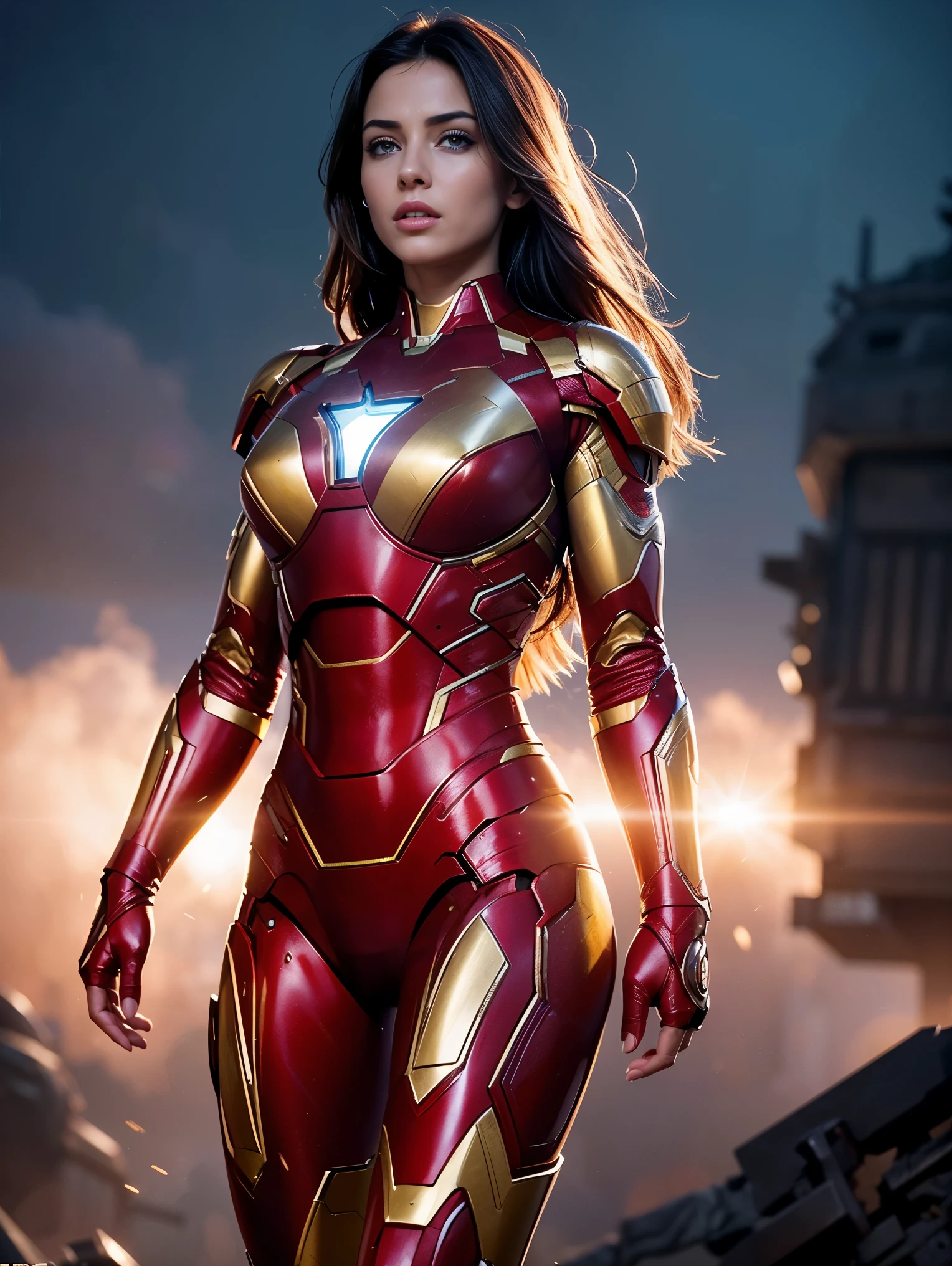 Scene from Movie, an ultra hot gorgeous European woman in iron man armor, age 23, full body shot, sexy action pose, Distorted Space, Distorted Undead in the Background, Lens Flares, Light Shafts, Intricate Details, High Detailed, Volumetric Lighting, 4k Rendering, Stock Photo, Hyper-Realistic, Realistic Textures, Dramatic Lighting, Unreal Engine