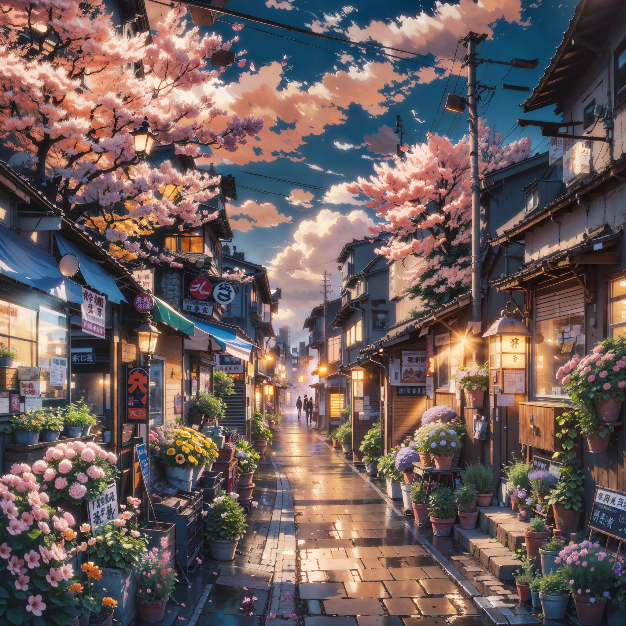 painting of a street with a lot of flowers and buildings, beautiful cityscape, beautiful art uhd 4 k, japanese street, dreamy chinese town, anime art wallpaper 4k, anime art wallpaper 4 k, anime background art, spring season city, beautiful digital artwork, beautiful digital painting, tokyo street background, anime art wallpaper 8 k, anime style cityscape, beautiful anime scene
