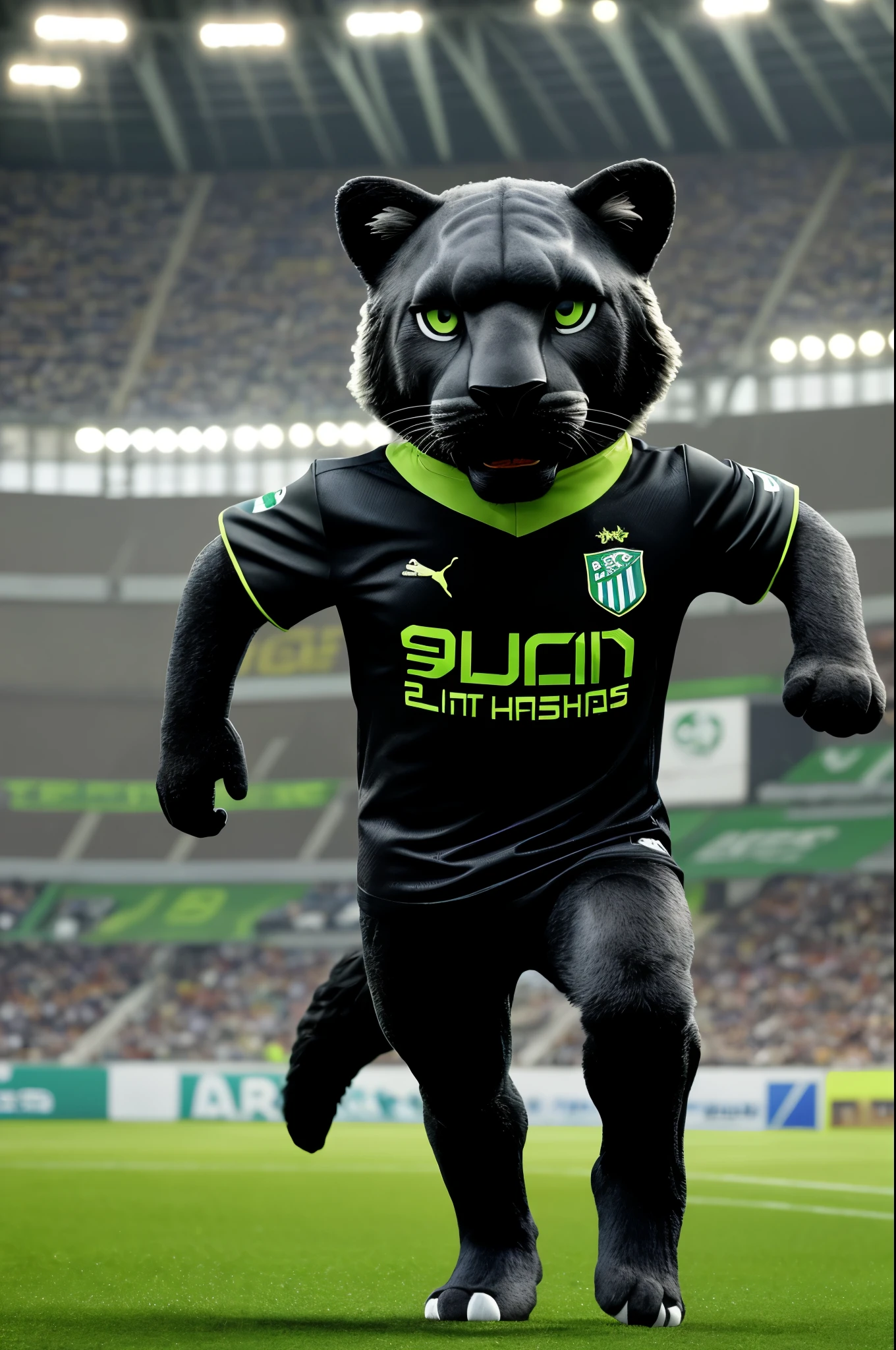 Create a black jaguar mascot, (Panthera Onca), para futebol de campo, the illustrative details will be faithful to the species Panthera onca,  do not use anthropomorphism. Imagem ultrarrealista em 3d, with a facial expression that conveys strength and courage, making you imposing. The mascot must wear a green shirt with a hexadecimal code #339158 e que se encaixa perfeitamente no corpo do mascote, This shirt must have the badge on the left side of Clube Atlético Nacional Olímpico. You must also wear white shorts perfectly., meias verdes da mesma cor da camisa e chuteiras pretas. The mascot will be in a running position towards a soccer ball, transmitting all the energy and determination of a football player, with your gaze fixed towards this goal. The mascot will be in a football stadium, around him the stands are full of vibrant fans, os holofotes iluminando o campo e a grama perfeitamente aparada.