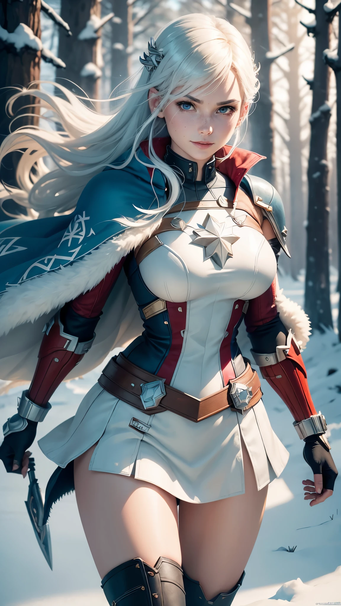gwen tennyson,captain marvel,yorha 2b,1girl,overwatch,atelier ryza,close up,winter forest,viking village,rune tattoos,fur and white plugsuit,winter viking linen shirt,scarlet viking cape,fur viking armor,lycra mini skirt,long dress train,short viking hair,viking makeup,blue eyes,multicolored silver hair,fur gloves,sexy smile,freckles,beautiful girl,thigh high fur boots,large breasts,8k,ultra detailed,realistic,fantasy art,viking armor,hair pin,ear piercings,(weather:windy),solo girl,