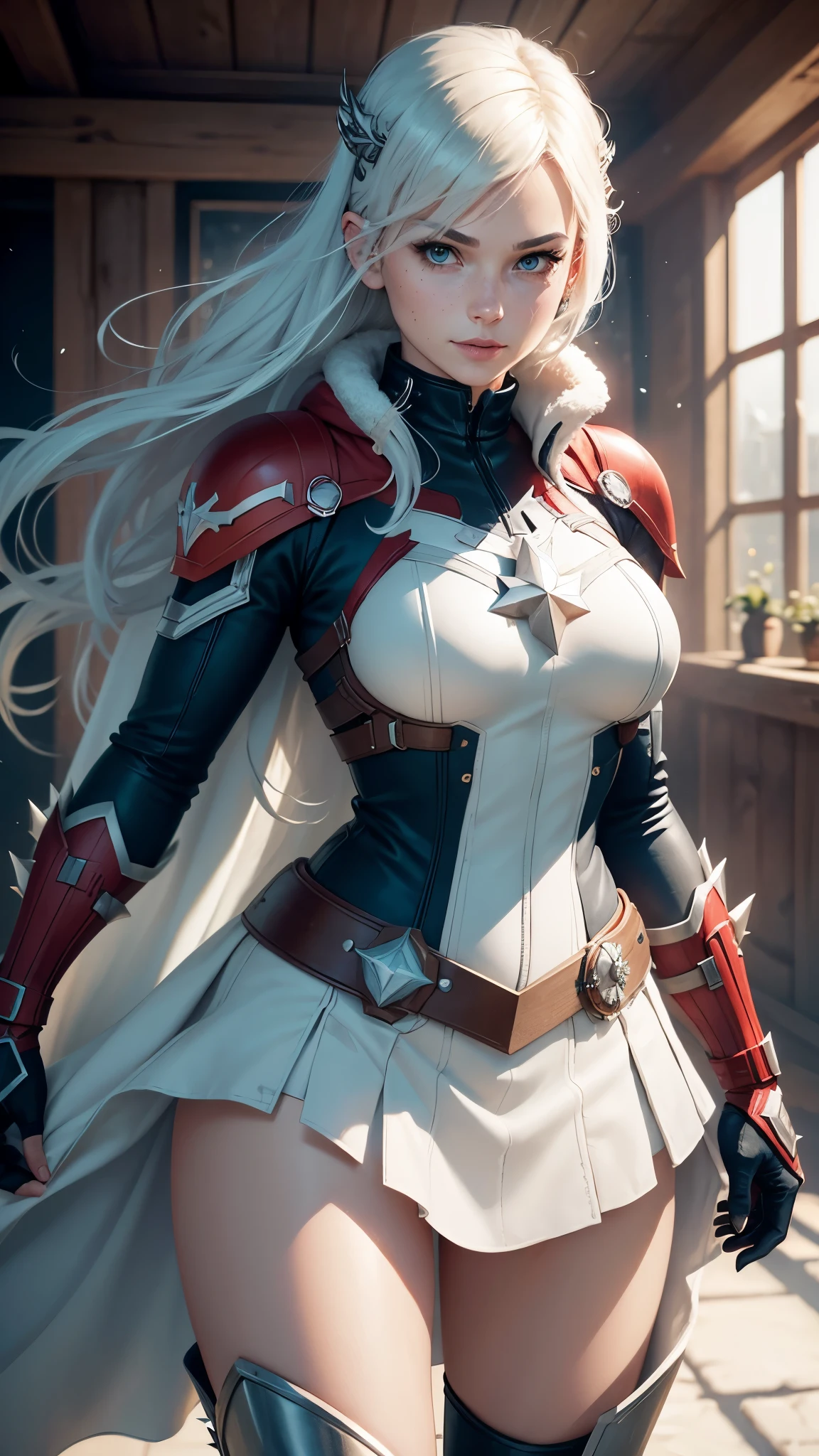gwen tennyson,captain marvel,yorha 2b,solo girl,overwatch,atelier ryza,close up,winter forest,viking village,rune tattoos,fur and white plugsuit,winter viking linen shirt,royal red viking cape,spiked viking armor,tight lycra skirt,short viking hair,viking makeup,blue eyes,multicolored silver hair, spiked gloves,sexy smile,freckles,beautiful girl,knee high spiked boots,large breasts,8k,ultra detailed,realistic,fantasy art,viking armor,hair pin,ear piercings,(weather:windy),1girl,viking axe,