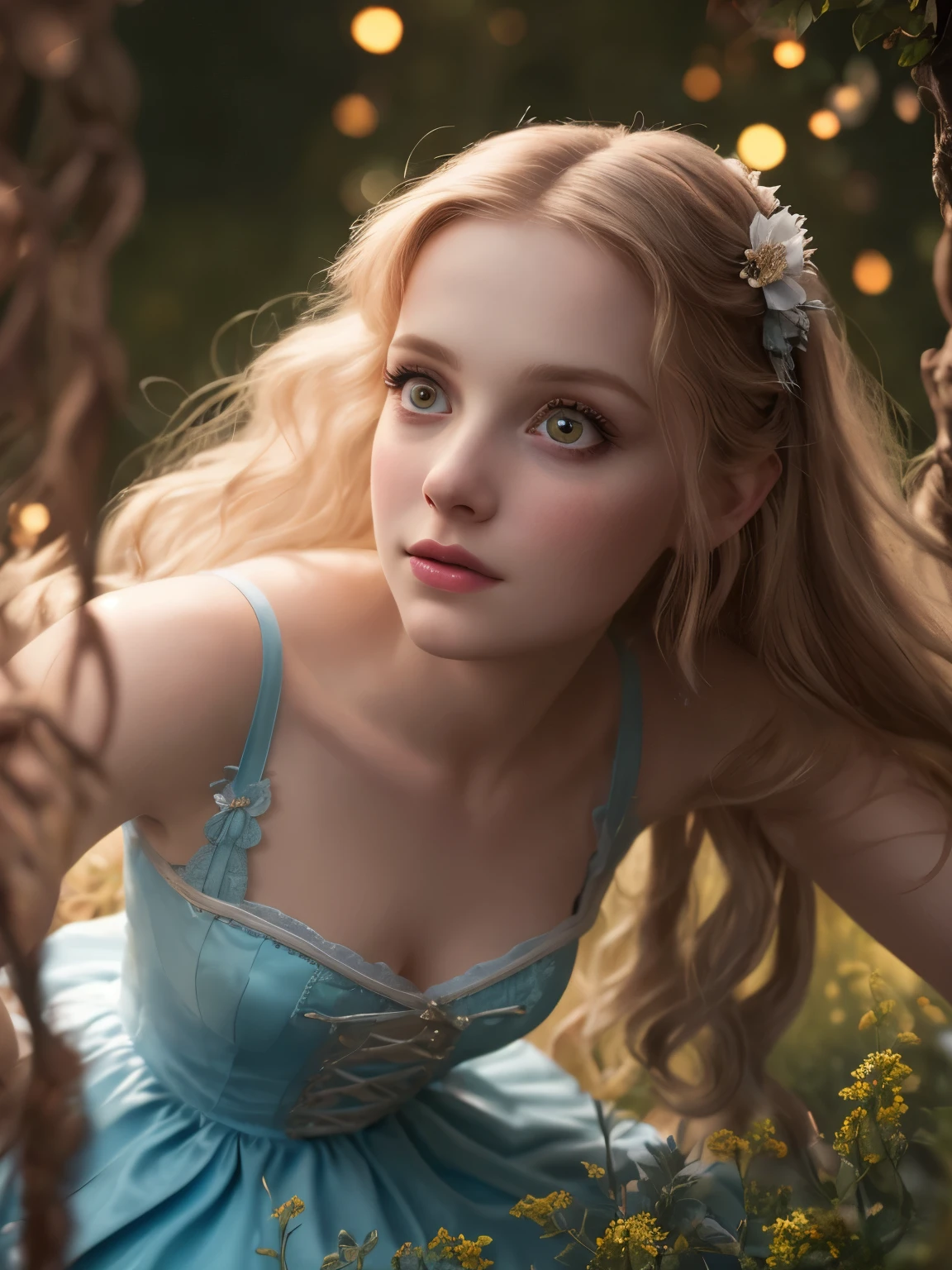 (Realistic:1.2), Photorealistic, Alice in Wonderland, view from bottom, cute sexy, Cinematic lighting, ethereal light, complex parts, extremely detailed, full color, Insanely detailed fairytale background, rich colors, cinematic, detailed beautiful eyes and perfect face, anslog photo style, depth of field, bokeh, 16k best quality