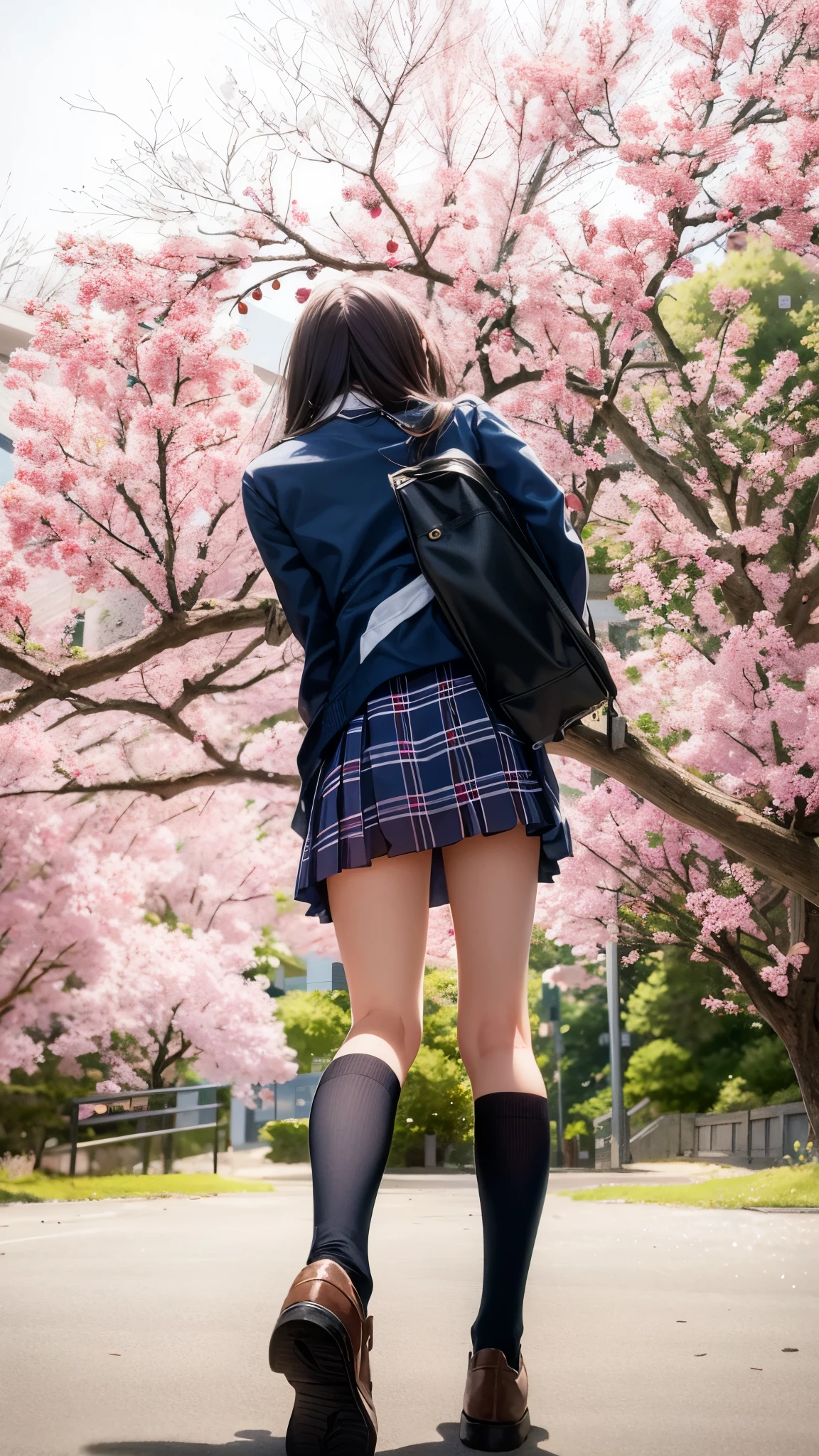 Photo taken by a professional photographer，arafed woman in a school uniform walking down a street, Photo of high school girl posing, wearing japanese school uniform, japanese school uniform, japanese girl uniform, a surreal high school girl, seifuku, she is wearing a skirt and white high socks., Dress like a , surreal high school girl, under the cherry tree, , cute , Japanese high school