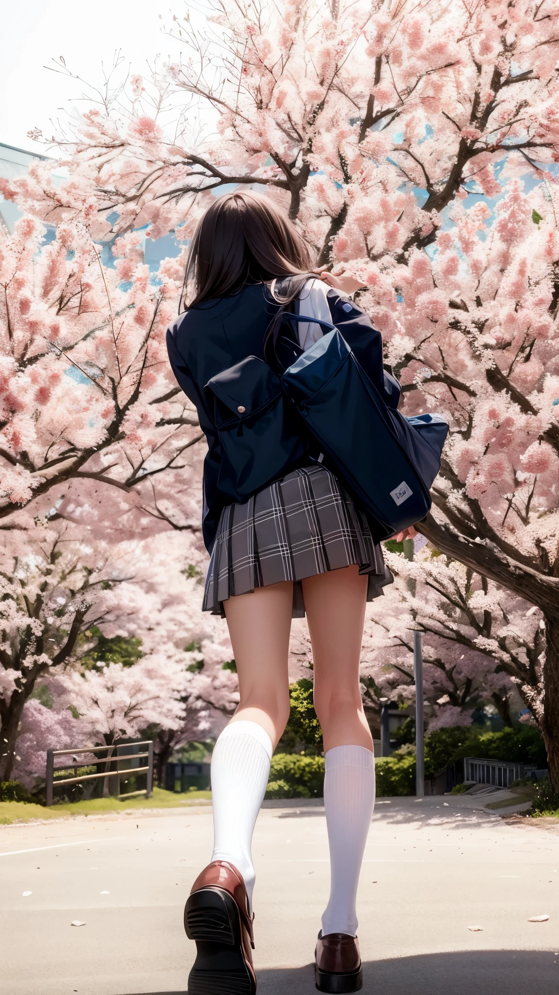 Photo taken by a professional photographer，arafed woman in a school uniform walking down a street, Photo of high school girl posing, wearing japanese school uniform, japanese school uniform, japanese girl uniform, a surreal high school girl, seifuku, she is wearing a skirt and white high socks., Dress like a , surreal high school girl, under the cherry tree, , cute , Japanese high school