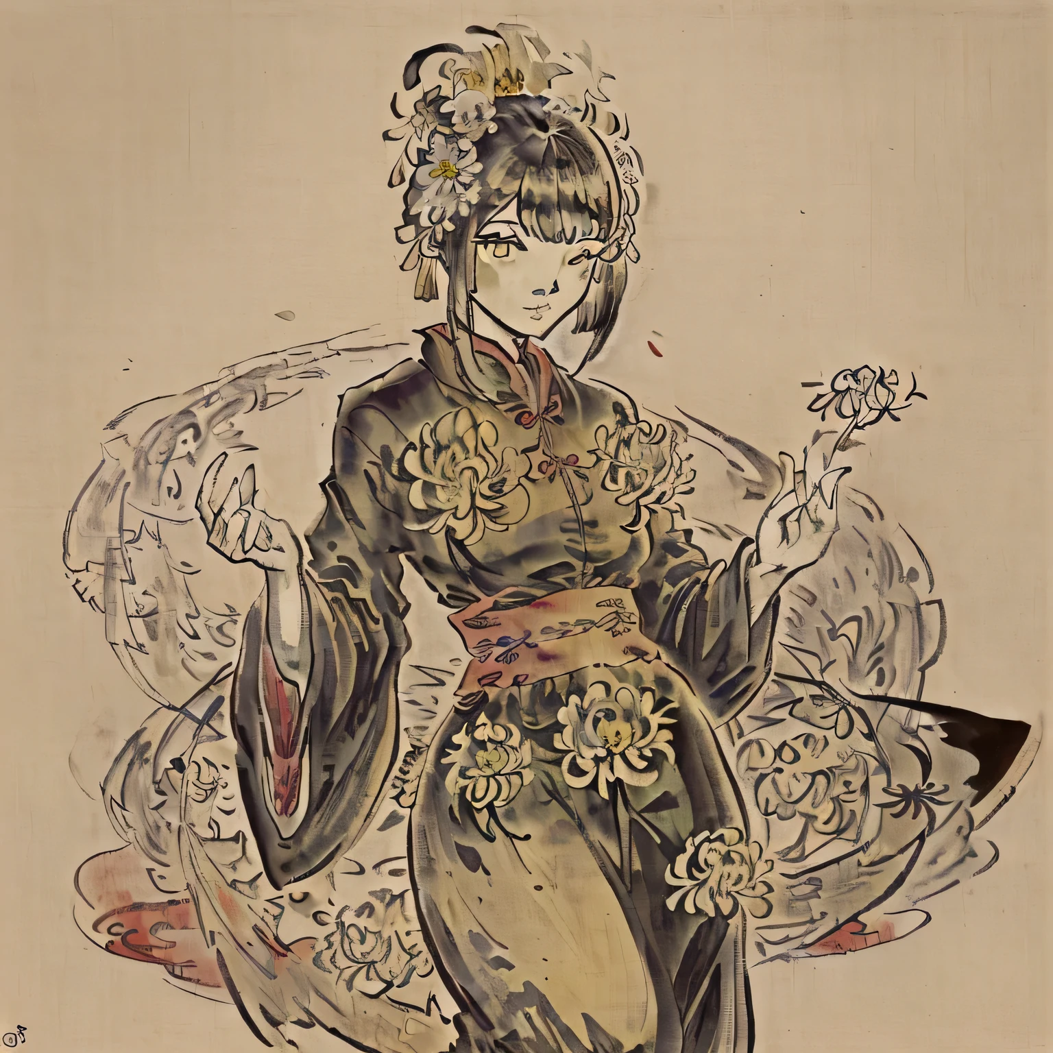(obra-prima,melhor melhor qualidade:1.2),pintura a tinta tradicional chinesa,Chrysanthemums,Chrysanthemums have a wide variety of appearance characteristics,The flowers are conical or globular,Petals come in a variety of colors and shapes,The center of the flower is usually yellow or golden yellow。The stem is erect or obliquely extended,The height can reach tens of centimeters to several meters。The leaves are oval or inverted oval,Existem bordas irregulares。The inflorescences vary in morphology,There are dispersions、Conical or umbel-shaped inflorescences。The root system is thin and developed。Geralmente,Chrysanthemums are changeable and beautifully shaped,It is a floral plant with its own characteristics。