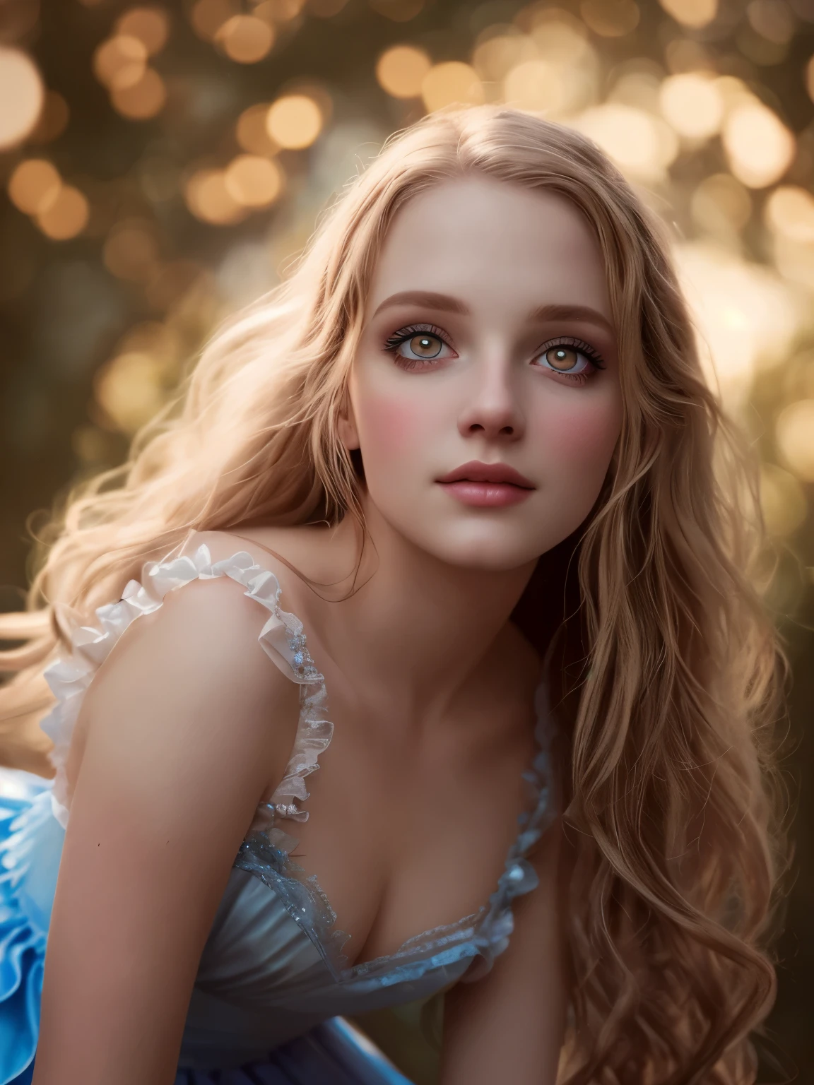 (Realistic:1.2), Photorealistic, Alice in Wonderland, view from bottom, cute sexy, Cinematic lighting, ethereal light, complex parts, extremely detailed, full color, Insanely detailed fairytale background, rich colors, cinematic, detailed beautiful eyes and perfect face, anslog photo style, depth of field, bokeh, 16k best quality
