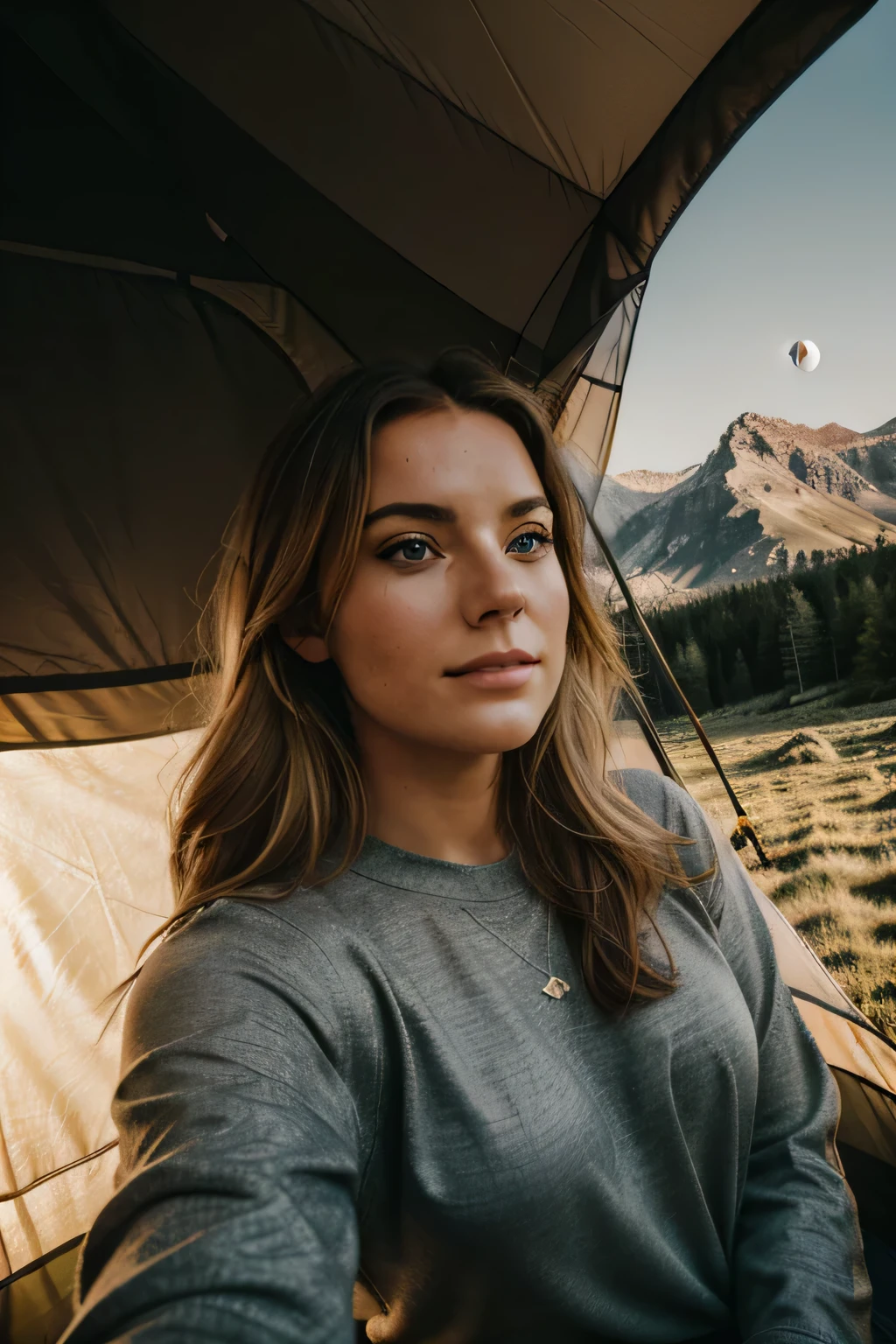 1 woman, American, beautiful, blue eyes, honey coloured hair,((upper body selfie, happy)), Filming in a tent, Beautiful backlight, Tent Open Sign,Masterpiece, Best Quality, Ultra-detailed, Solo, exteriors, (natta), mountains, Nature, (sao, the moon) cheerful, happy,, Cosy in a sleeping bag, Inside the tent, When you open the tent, You can see some nice horsemen outside.., woods, rock formations, rivers, wood, smoke, shadowy, contrast, clear skies, analog style (looking up at viewer:1.2) (skin texture) (film grain:1.3), (warm hue, warm tone:1.2), close-up, Cinematic light, Sidelighting, The ultra-Highres, best shadows, ..raw, upper half body, wearing pullover, Relaxed and intimate photos, blonde hairs,