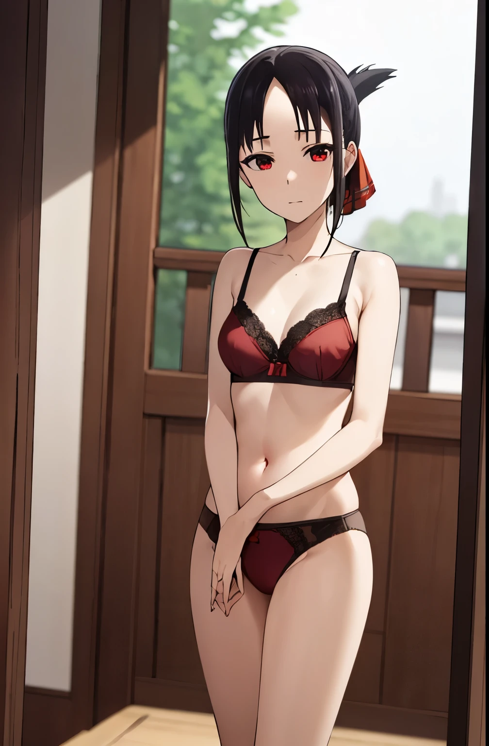 best quality, ultra-detailed, (masterpiece), detailed,20 years old,
shinomiya kaguya,
1girl, solo, closed mouth,
black hair, red eyes, short hair, folded ponytail, hair ribbon, elegant bra, red ribbon,
standing, looking at the viewer, medium breasts, healthy skin, camisole、Bra protruding from the camisole, underwear 