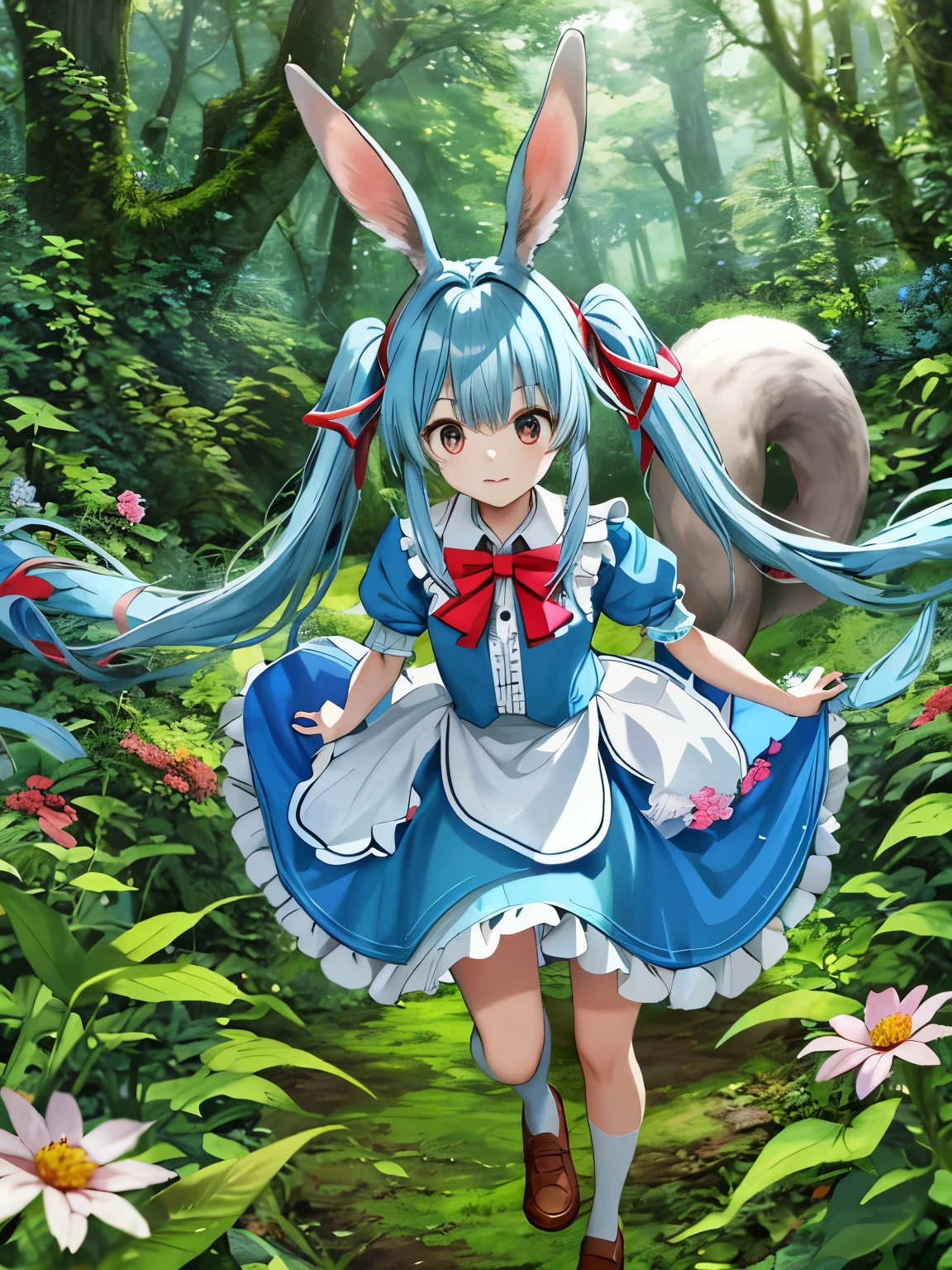 alice in wonderland　light blue long hair　Beautiful girl with twin tails　red  costume　Long rabbit ears　running through a dense forest　Dynamic mode　Big rabbit　big squirrel　lots of beautiful flowers　Forest Animals　watching over alice　Trump is flying