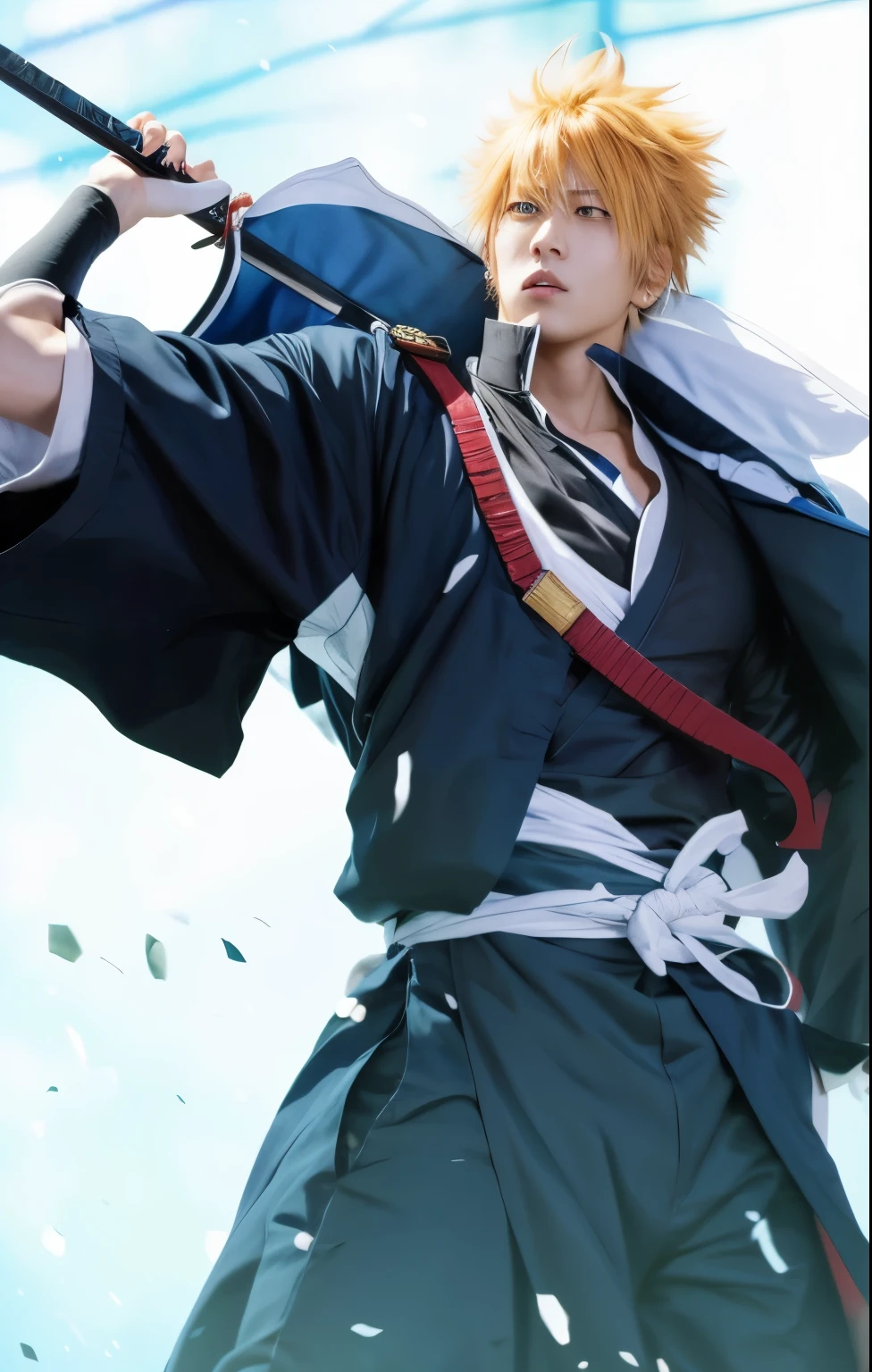 anime character with sword in hand and a blue background, hijikata toushirou of gintama, ichigo kurosaki, bleach manga style, real life, realistic