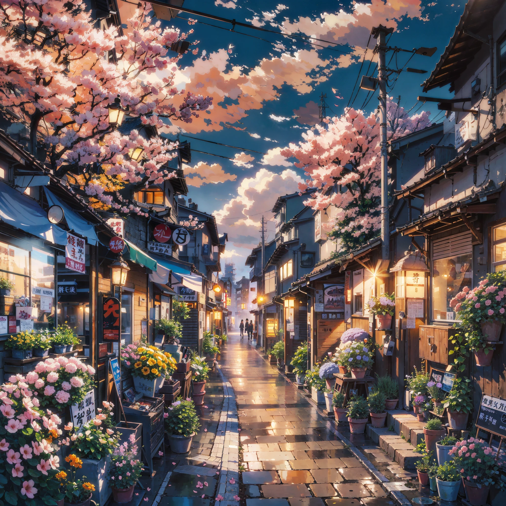 painting of a street with a lot of flowers and buildings, beautiful cityscape, beautiful art uhd 4 k, japanese street, dreamy chinese town, anime art wallpaper 4k, anime art wallpaper 4 k, anime background art, spring season city, beautiful digital artwork, beautiful digital painting, tokyo street background, anime art wallpaper 8 k, anime style cityscape, beautiful anime scene