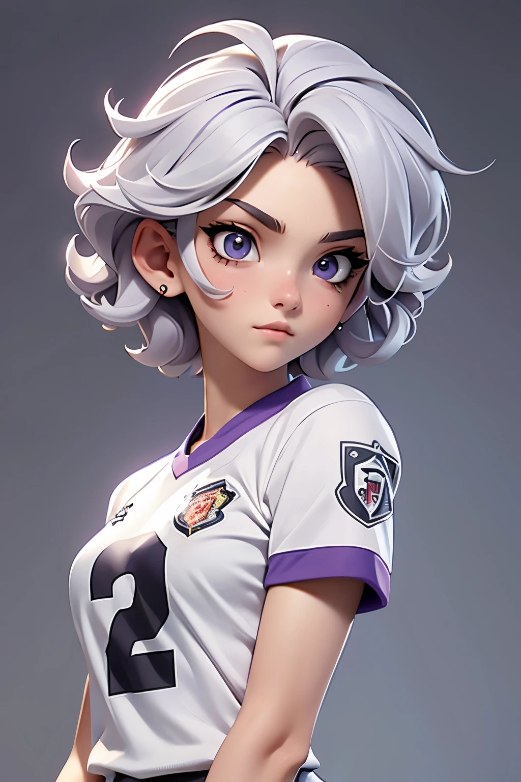 Football player , football team name : manchester united, 1girl, beautiful face, muscular slender body, hair color : gray white, hair style : very short hair Tapered With Fade And Textured Curls, 21 year old, anime style background , full body focus, well detailed, high resolution 8k, age:23, jersey t-shirt color : violet and white &  black , background : anime style news postor, 