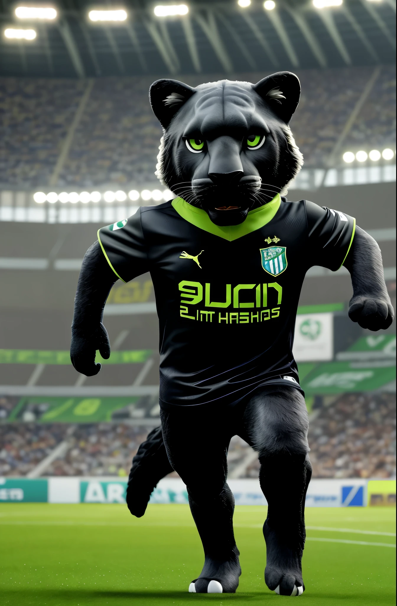Create a black jaguar mascot, (Panthera Onca), para futebol de campo, the illustrative details will be faithful to the species Panthera onca, do not use anthropomorphism. Imagem ultrarrealista em 3d, with a facial expression that conveys strength and courage, making you imposing. The color of the shirt must be green with hexadecimal code #339158 e que se encaixa perfeitamente no corpo do mascote, this shirt must have the shield on its side. You must also wear white shorts perfectly., meias verdes da mesma cor da camisa e chuteiras pretas. The mascot will be in a running position towards a soccer ball, transmitting all the energy and determination of a football player, with your gaze fixed towards this goal. The mascot will be in a football stadium, around him the stands are full of vibrant fans, os holofotes iluminando o campo e a grama perfeitamente aparada.